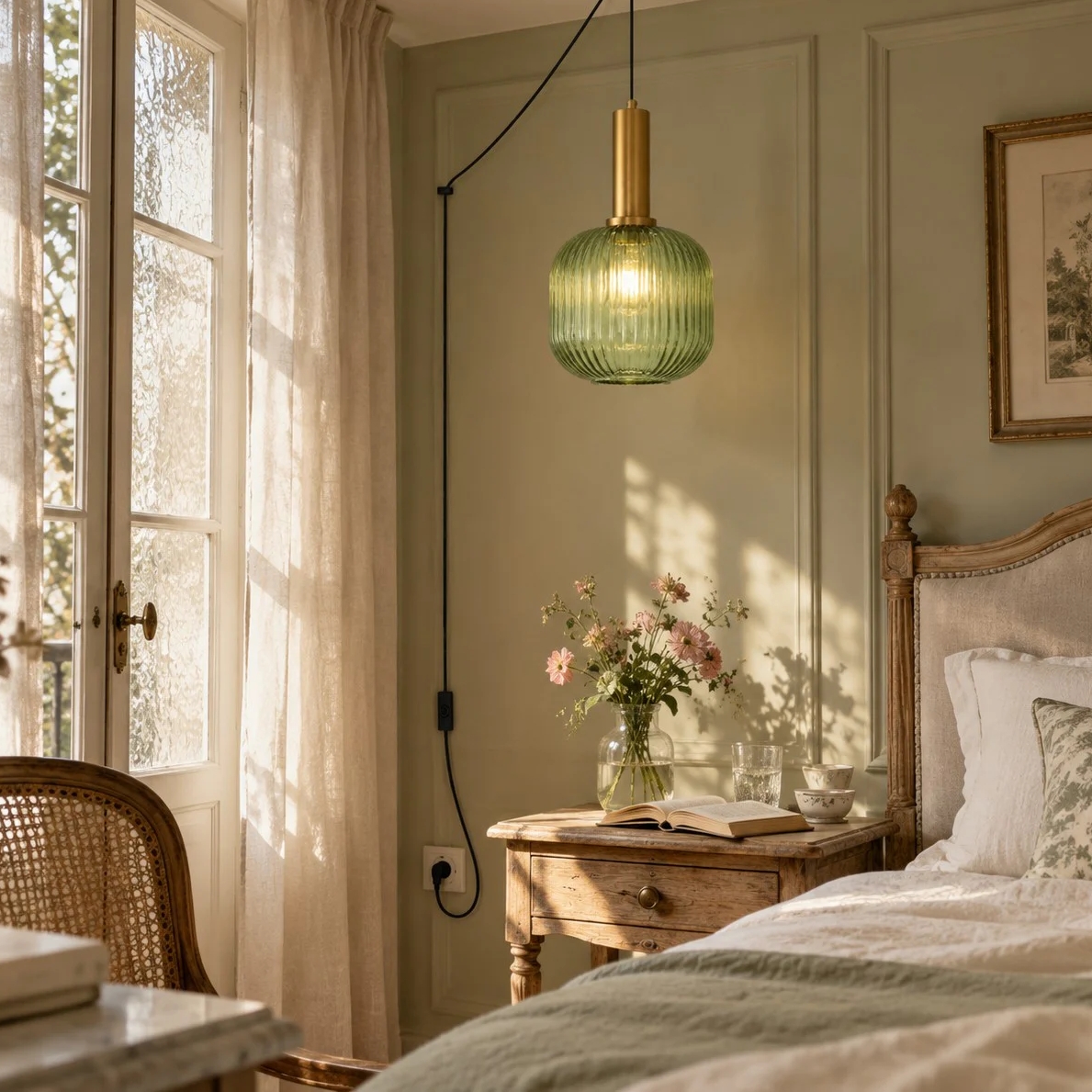 Retro ribbed glass plug-in pendant light in a home interior