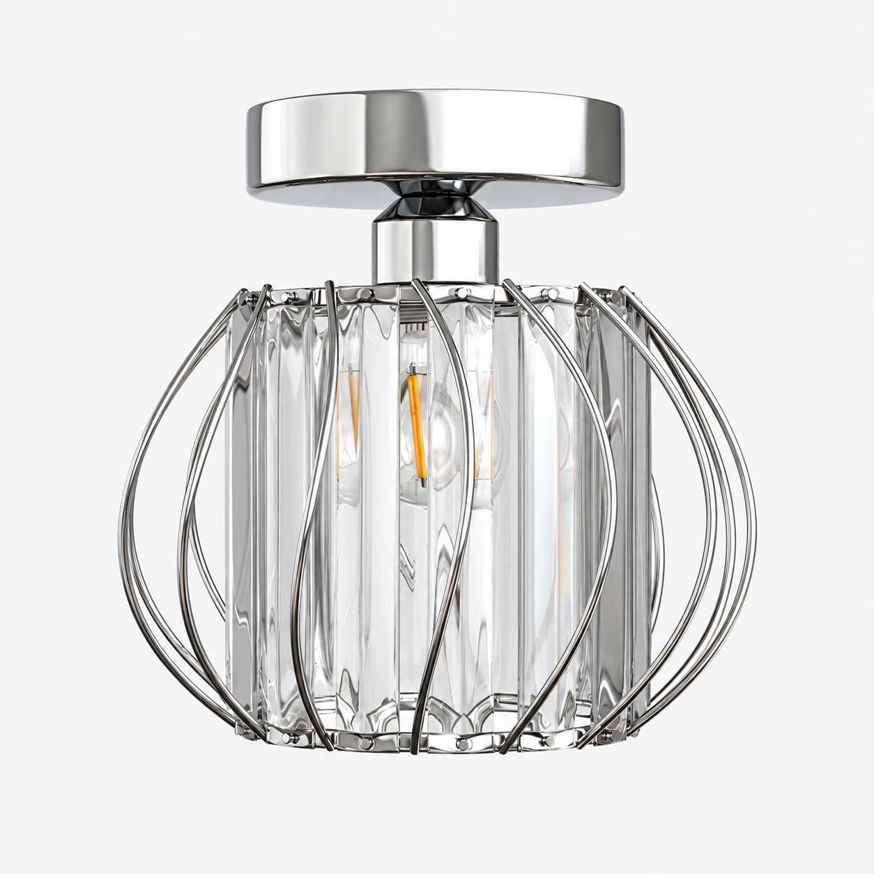 Geometric Cage Semi-Flush Crystal Ceiling Light — Clear Panels — A layered perspective