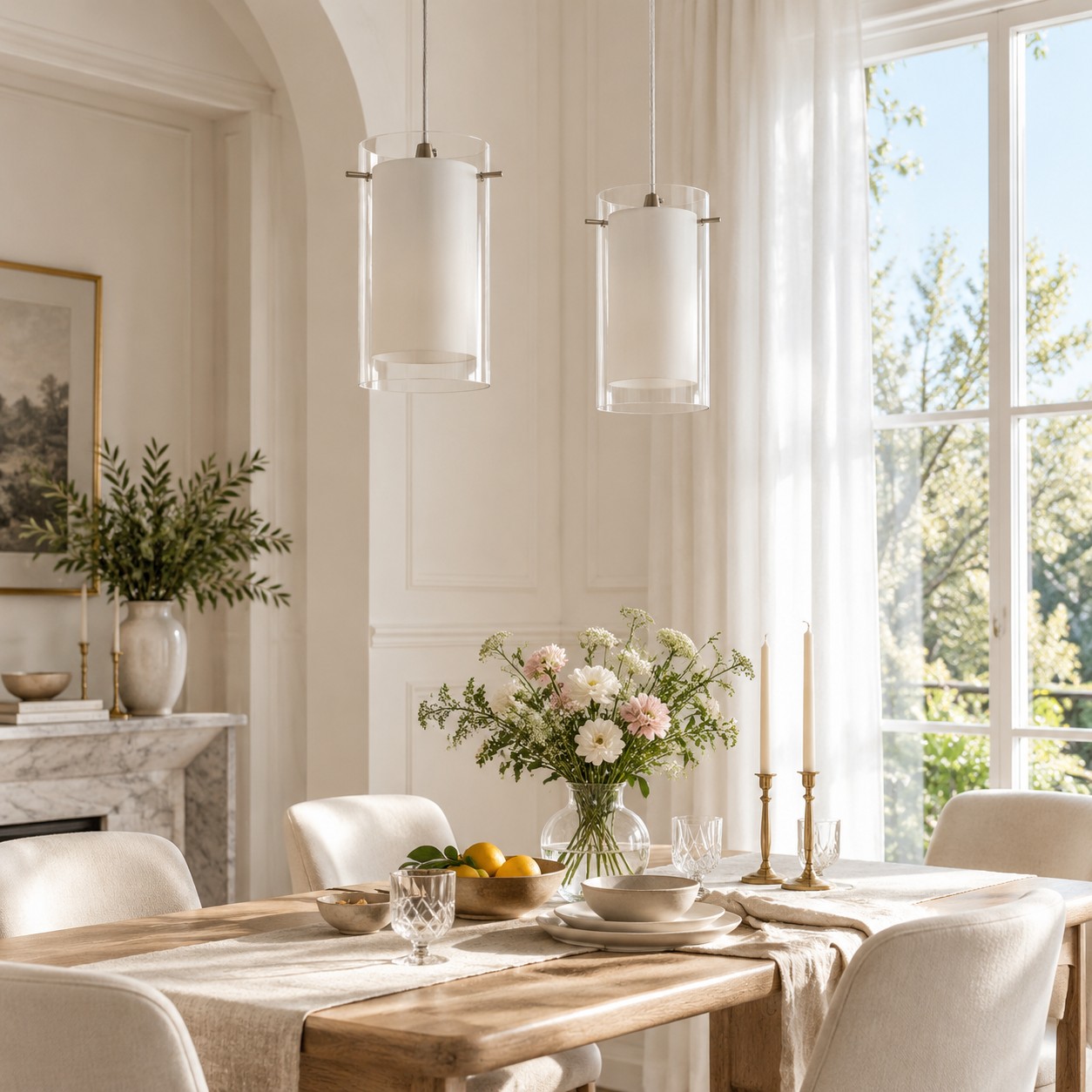 Chrome Finish, Clear and White Shades | Modern Double Glass Pendant Light — A layered perspectiv