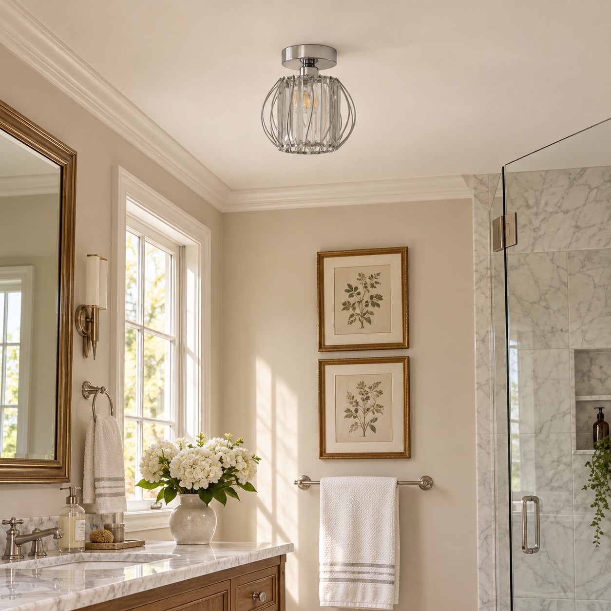 Geometric Cage Semi-Flush Crystal Ceiling Light — Clear Panels — A layered perspective