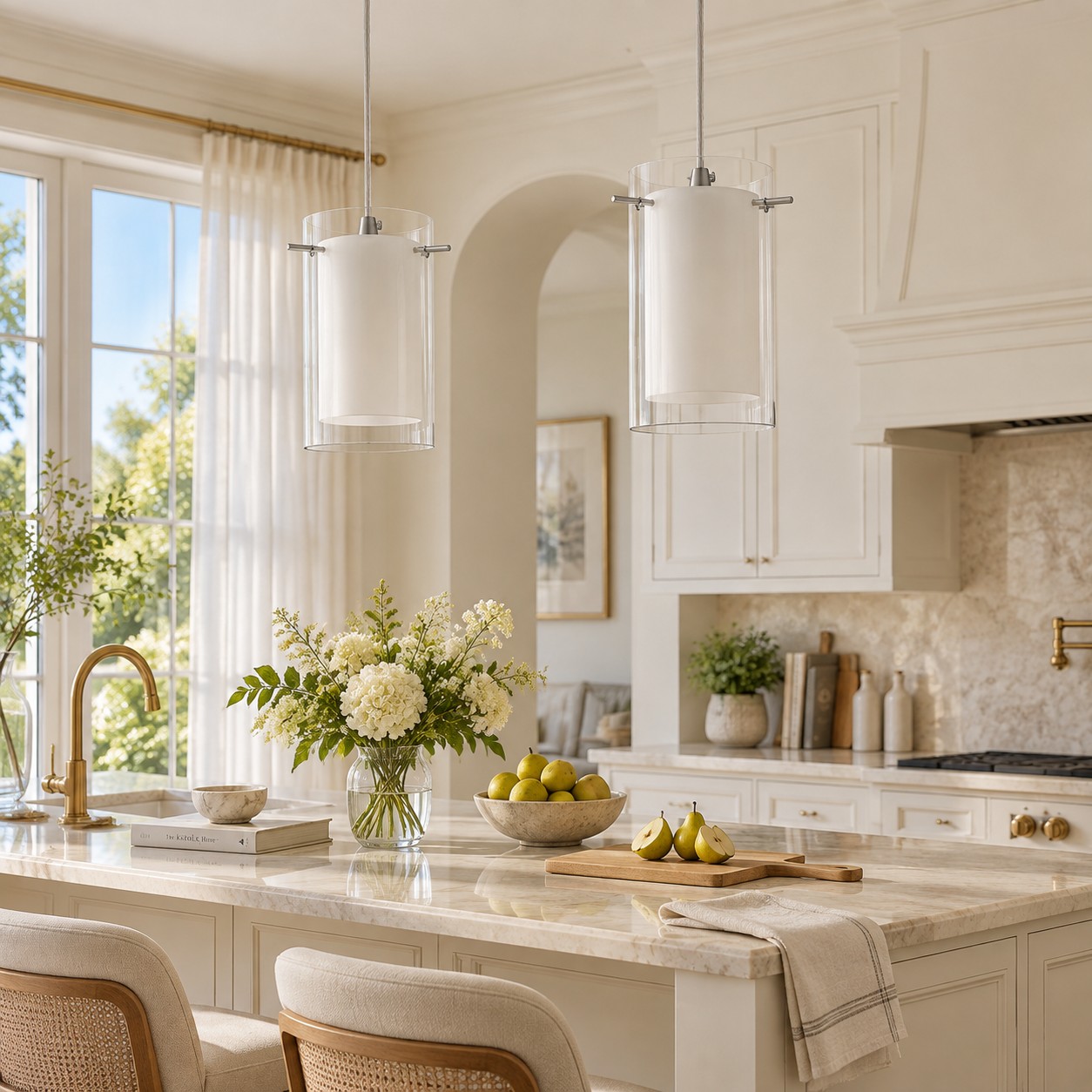 Chrome Finish, Clear and White Shades | Modern Double Glass Pendant Light — A layered perspectiv
