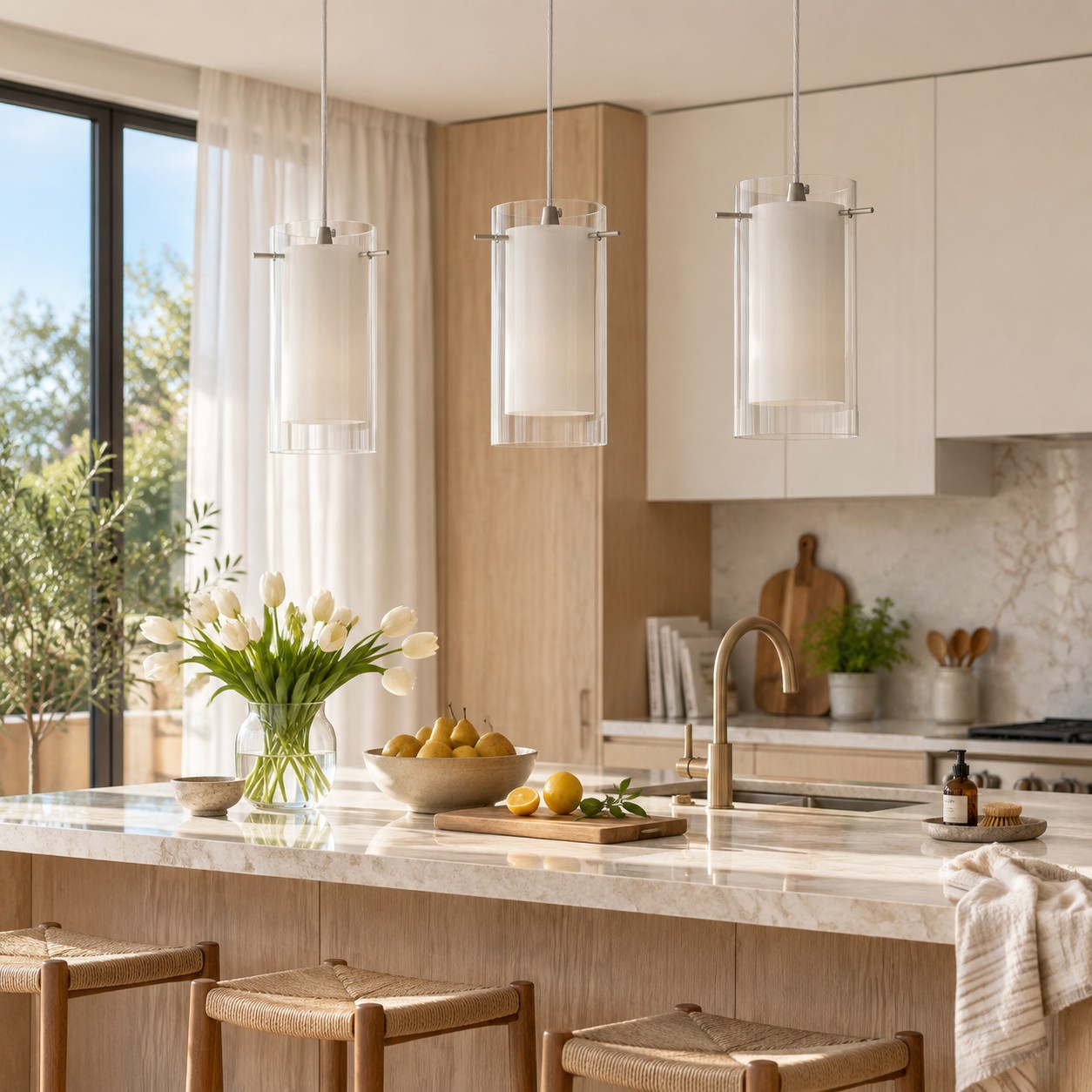 Chrome Finish, Clear and White Shades | Modern Double Glass Pendant Light — A layered perspectiv
