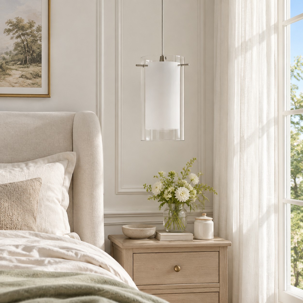 Chrome Finish, Clear and White Shades | Modern Double Glass Pendant Light — A layered perspectiv