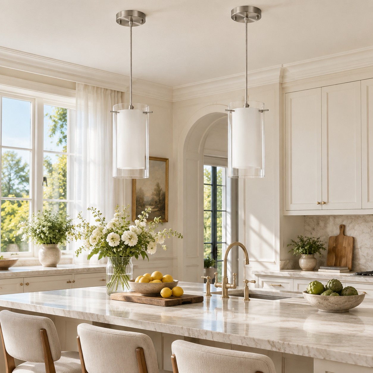 Chrome Finish, Clear and White Shades | Modern Double Glass Pendant Light — A layered perspectiv
