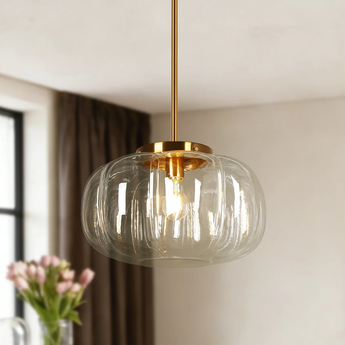 Ribbed Glass Single-Light Dome Pendant | Brass Finish — A layered perspective