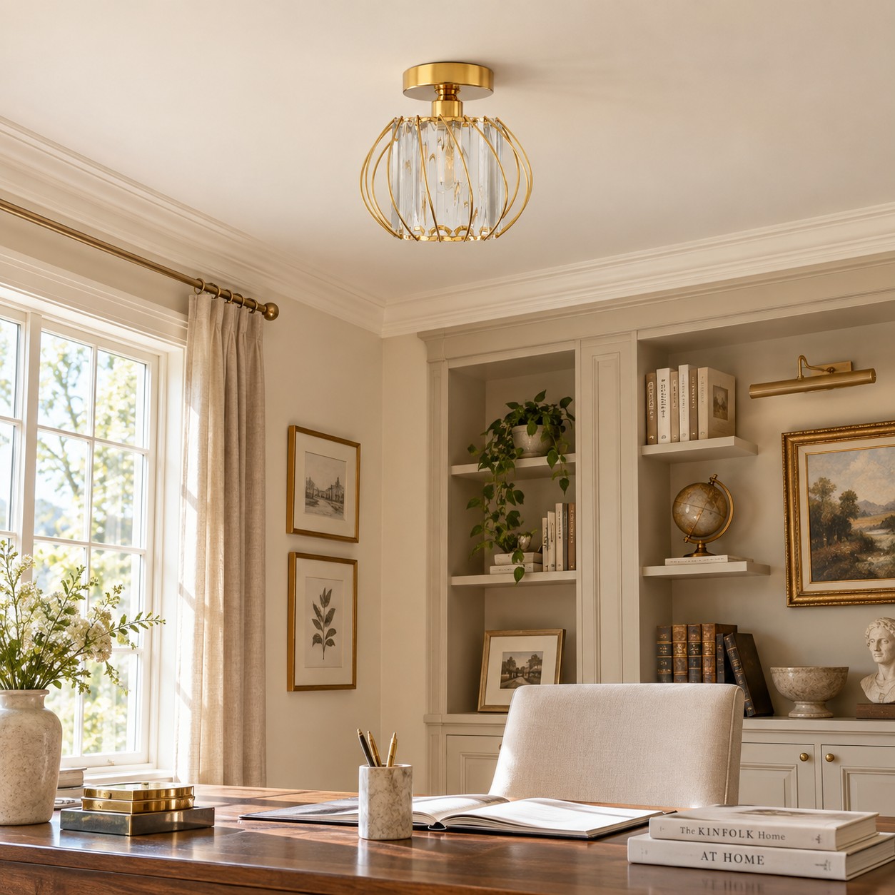 Geometric Cage Semi-Flush Crystal Ceiling Light — Clear Panels — A layered perspective
