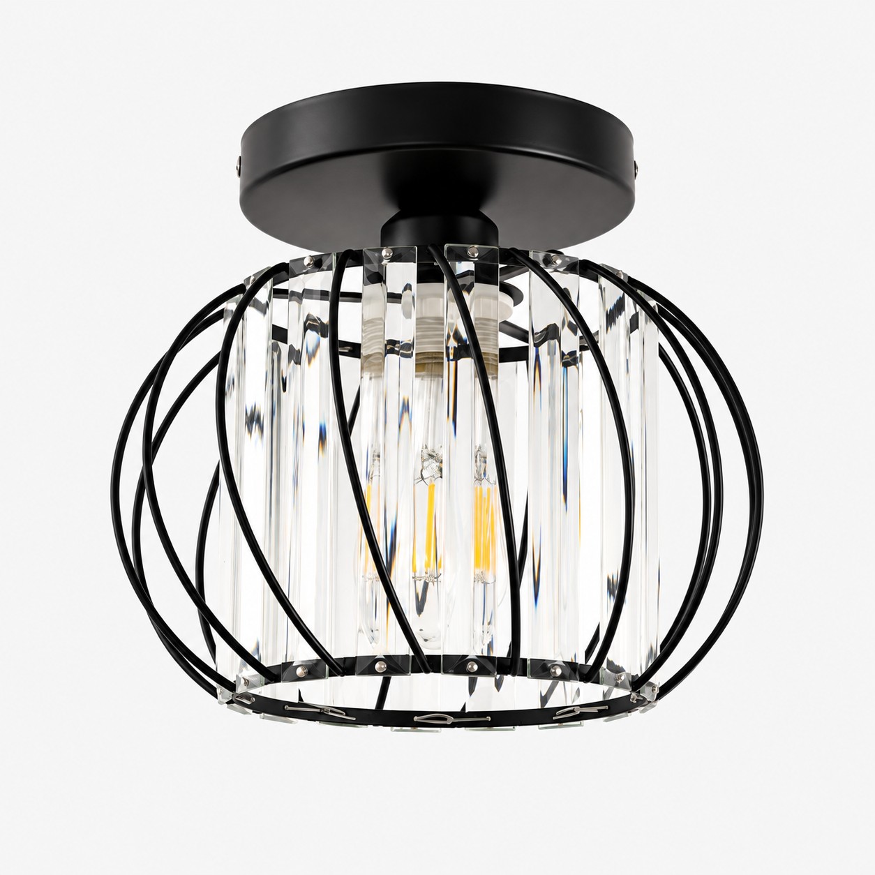 Geometric Cage Semi-Flush Crystal Ceiling Light — Clear Panels — A layered perspective