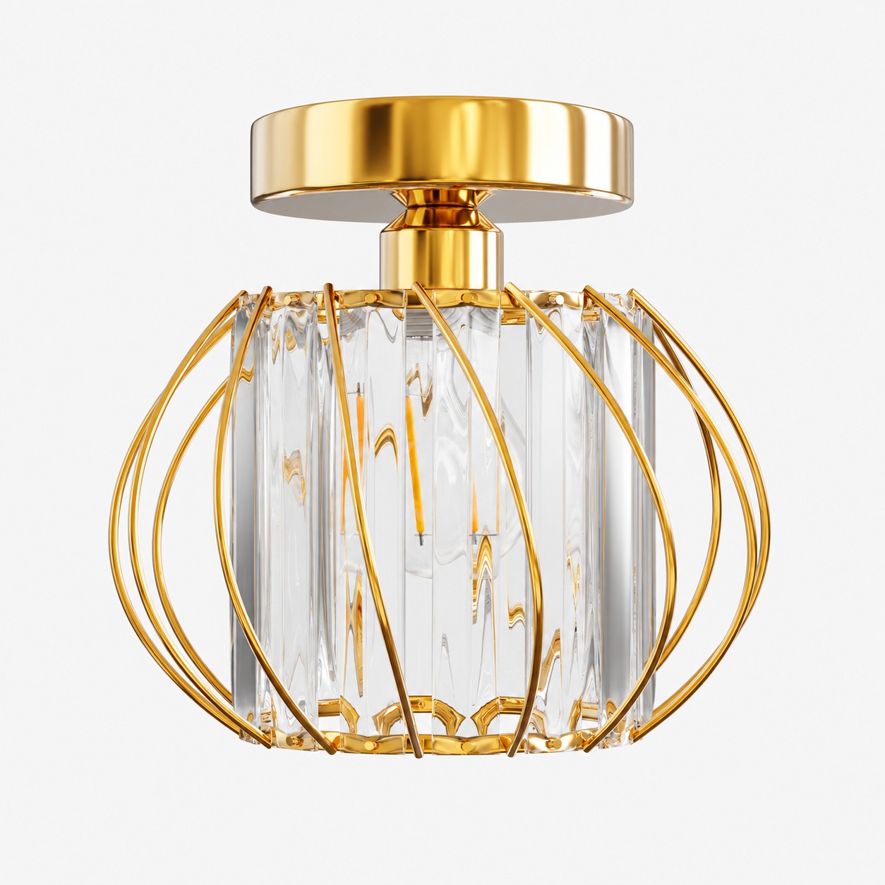 Geometric Cage Semi-Flush Crystal Ceiling Light — Clear Panels — A layered perspective