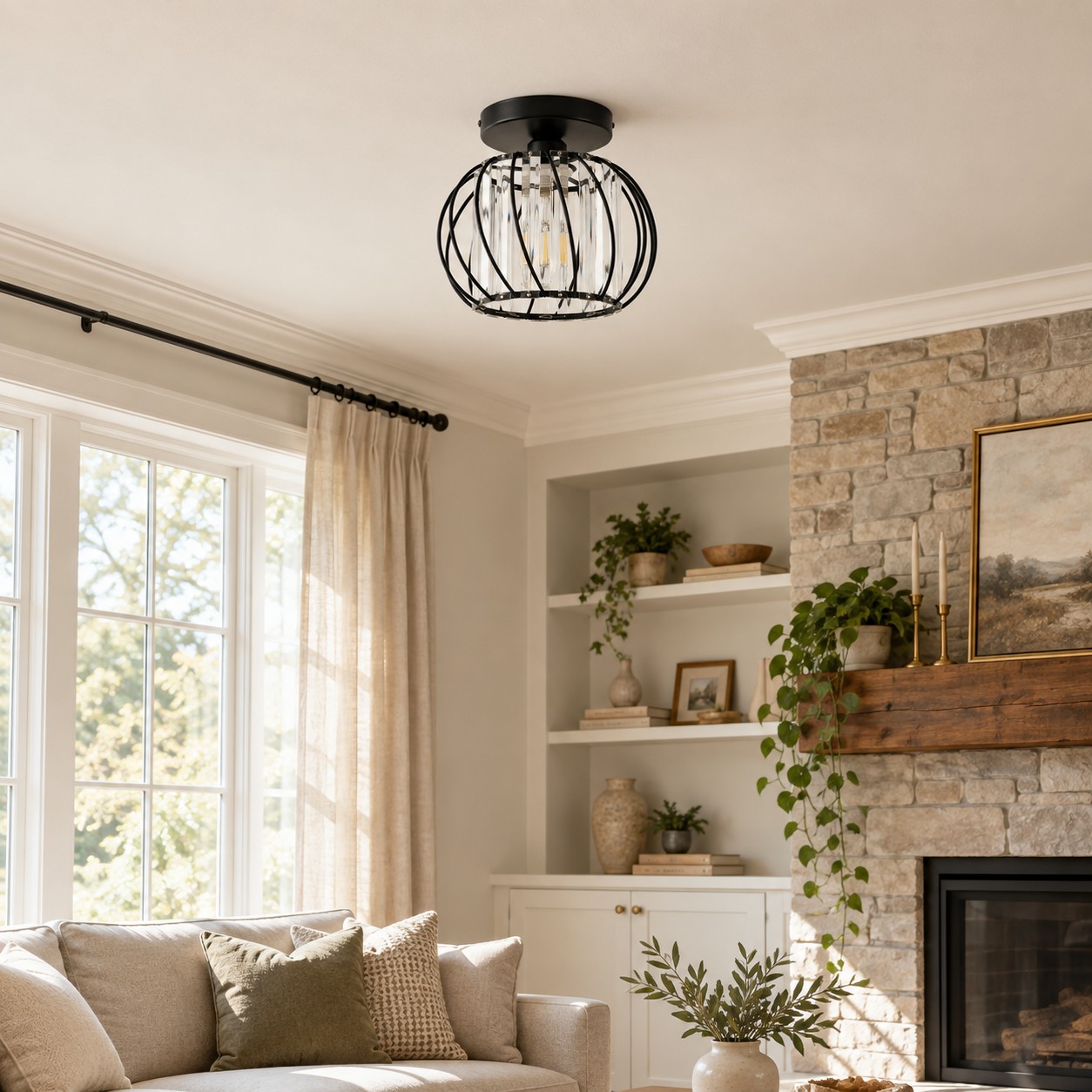 Geometric Cage Semi-Flush Crystal Ceiling Light — Clear Panels — A layered perspective
