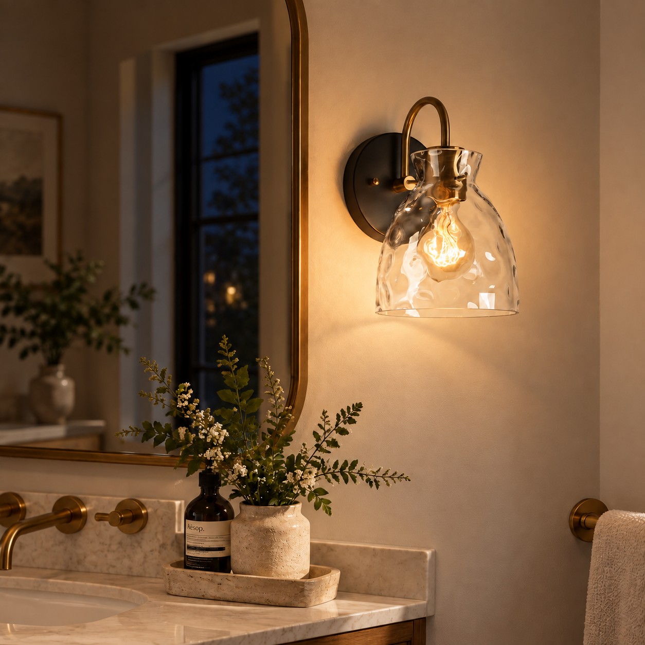 Brass Textured Clear | Glass Armed Wall Sconce — A layered perspective