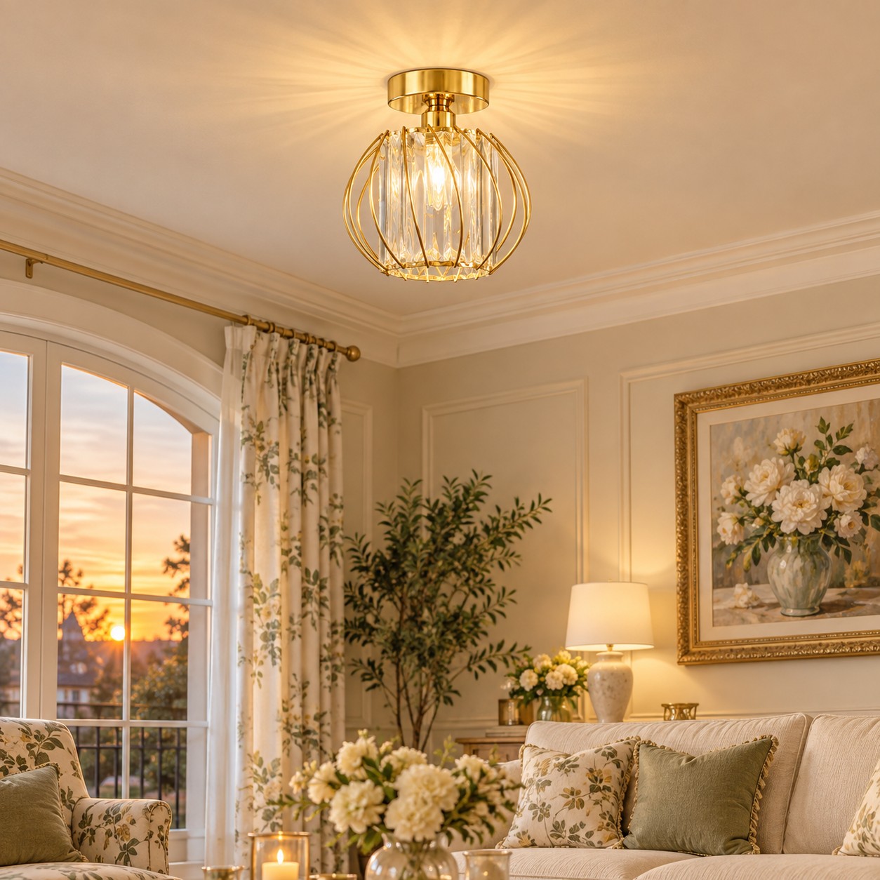 Geometric Cage Semi-Flush Crystal Ceiling Light — Clear Panels — A layered perspective