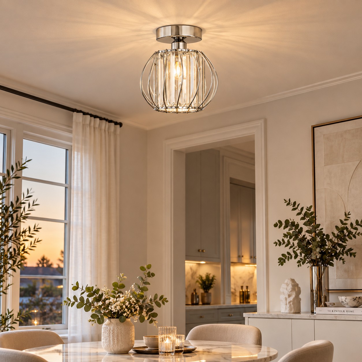 Geometric Cage Semi-Flush Crystal Ceiling Light — Clear Panels — A layered perspective