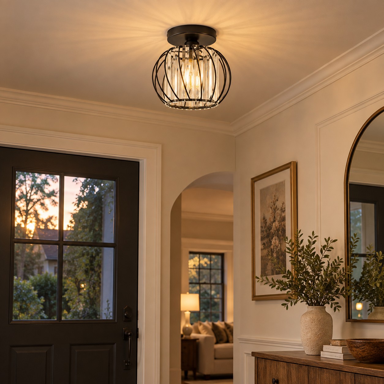 Geometric Cage Semi-Flush Crystal Ceiling Light — Clear Panels — A layered perspective