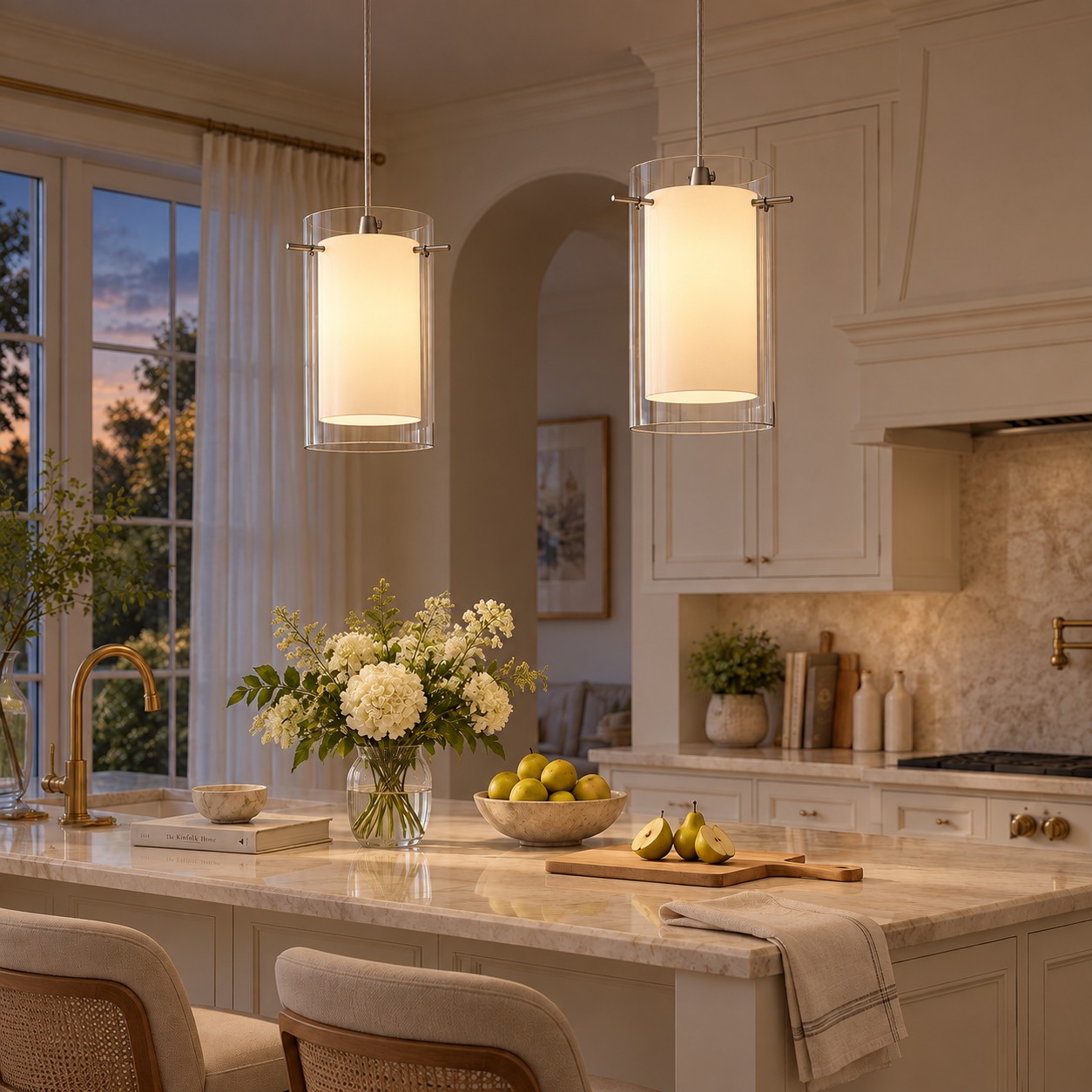 Chrome Finish, Clear and White Shades | Modern Double Glass Pendant Light — A layered perspectiv