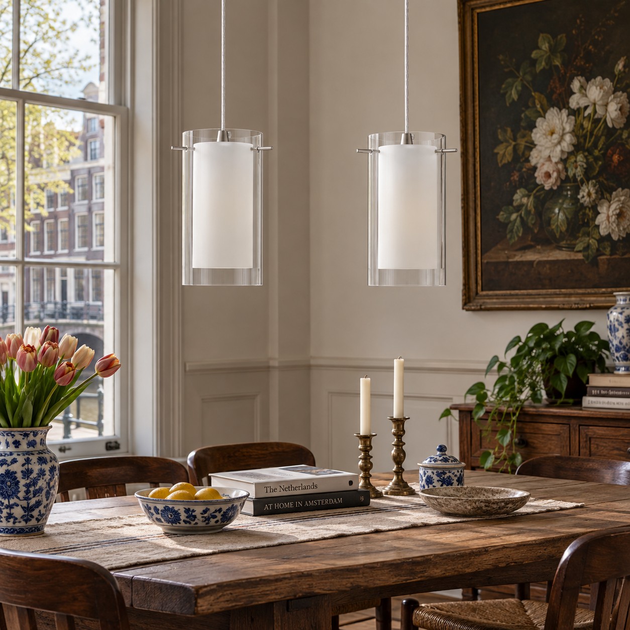 Chrome Finish, Clear and White Shades | Modern Double Glass Pendant Light — A layered perspectiv