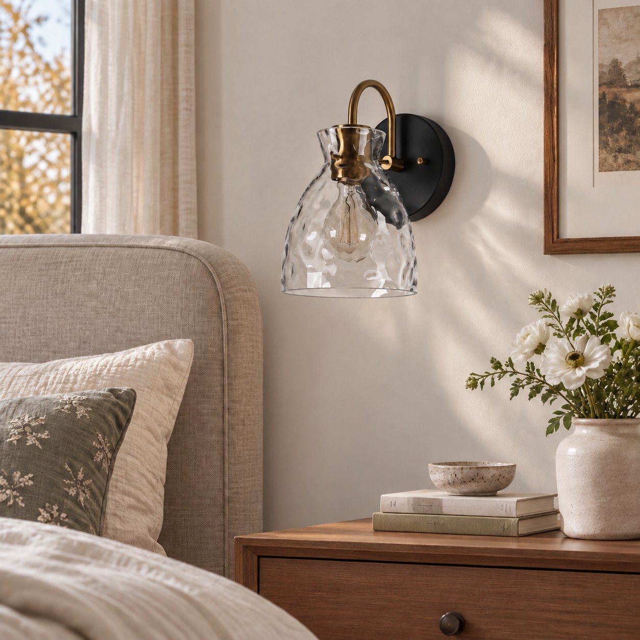 Brass Textured Clear | Glass Armed Wall Sconce — A layered perspective