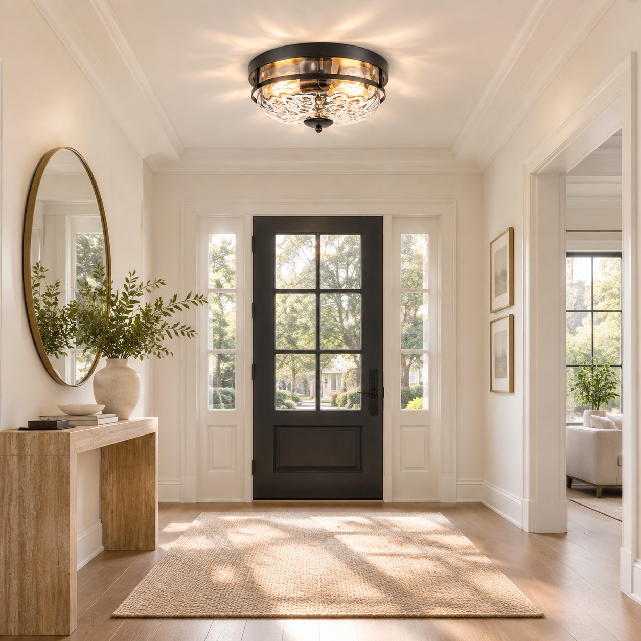 Two E26 Sockets: Rippled Clear-Glass Flush Ceiling Light — A layered perspective