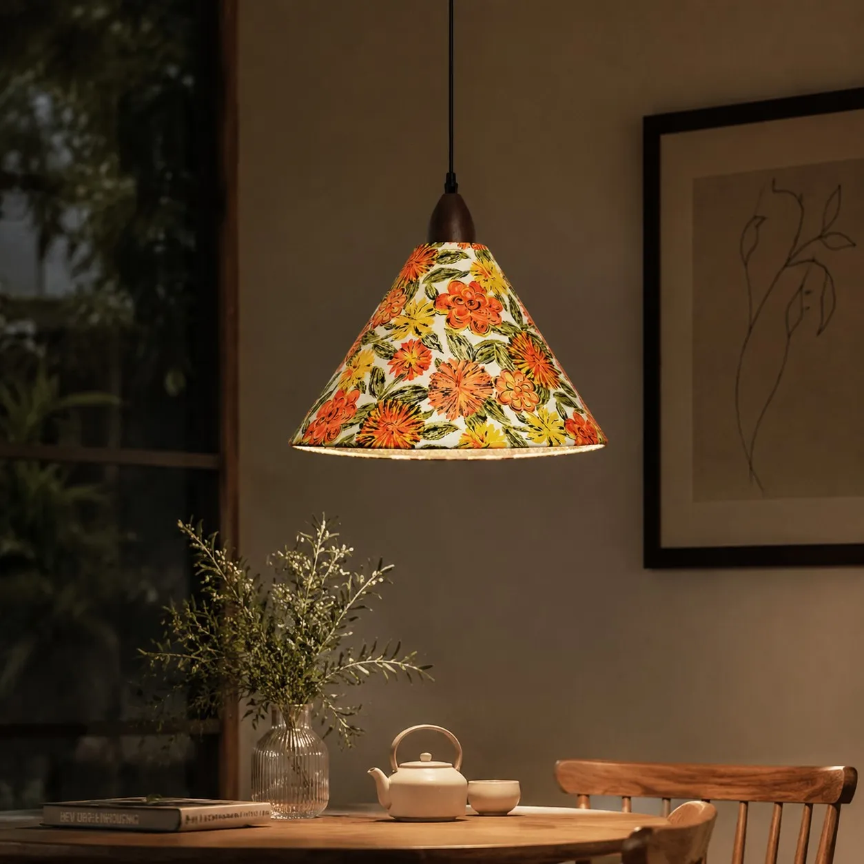 Orange floral pendant illuminating tea table in evening interior