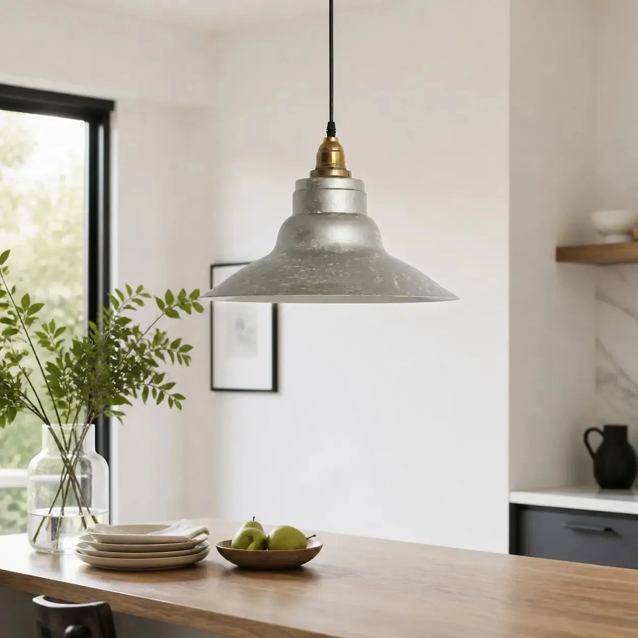 Metal pendant lamp in a rustic living space