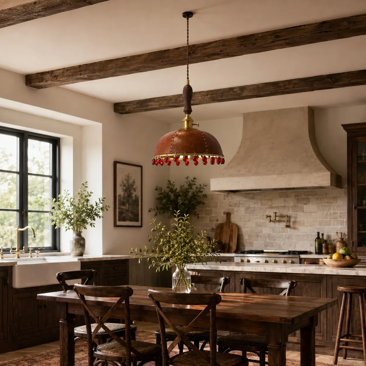 Vintage brown leather pendant in a warm dining room