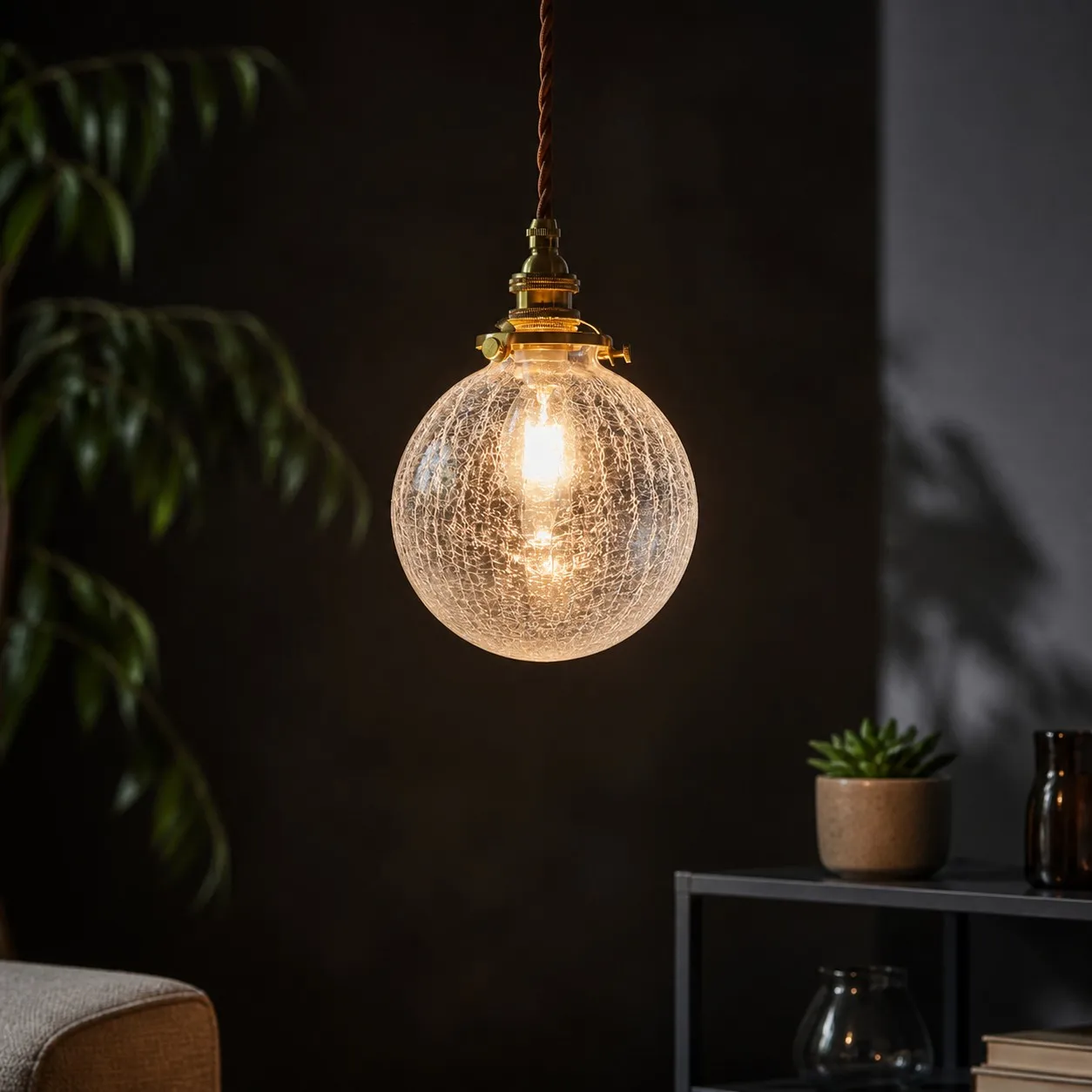 Crackled Glass Globe Brass Pendant Light