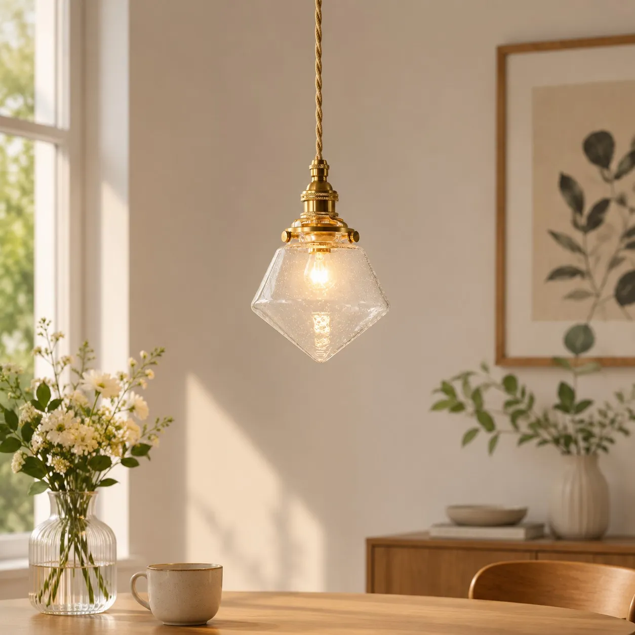 Bubble glass pendant styled above a cafe table