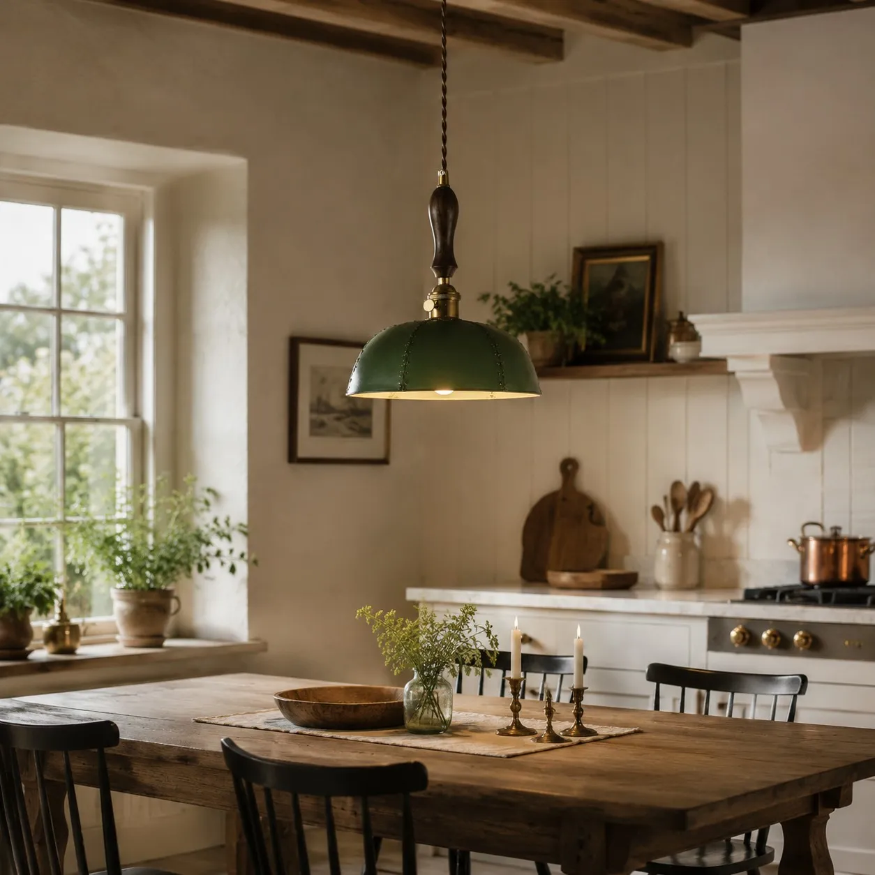 Deep green pendant in a dining kitchen