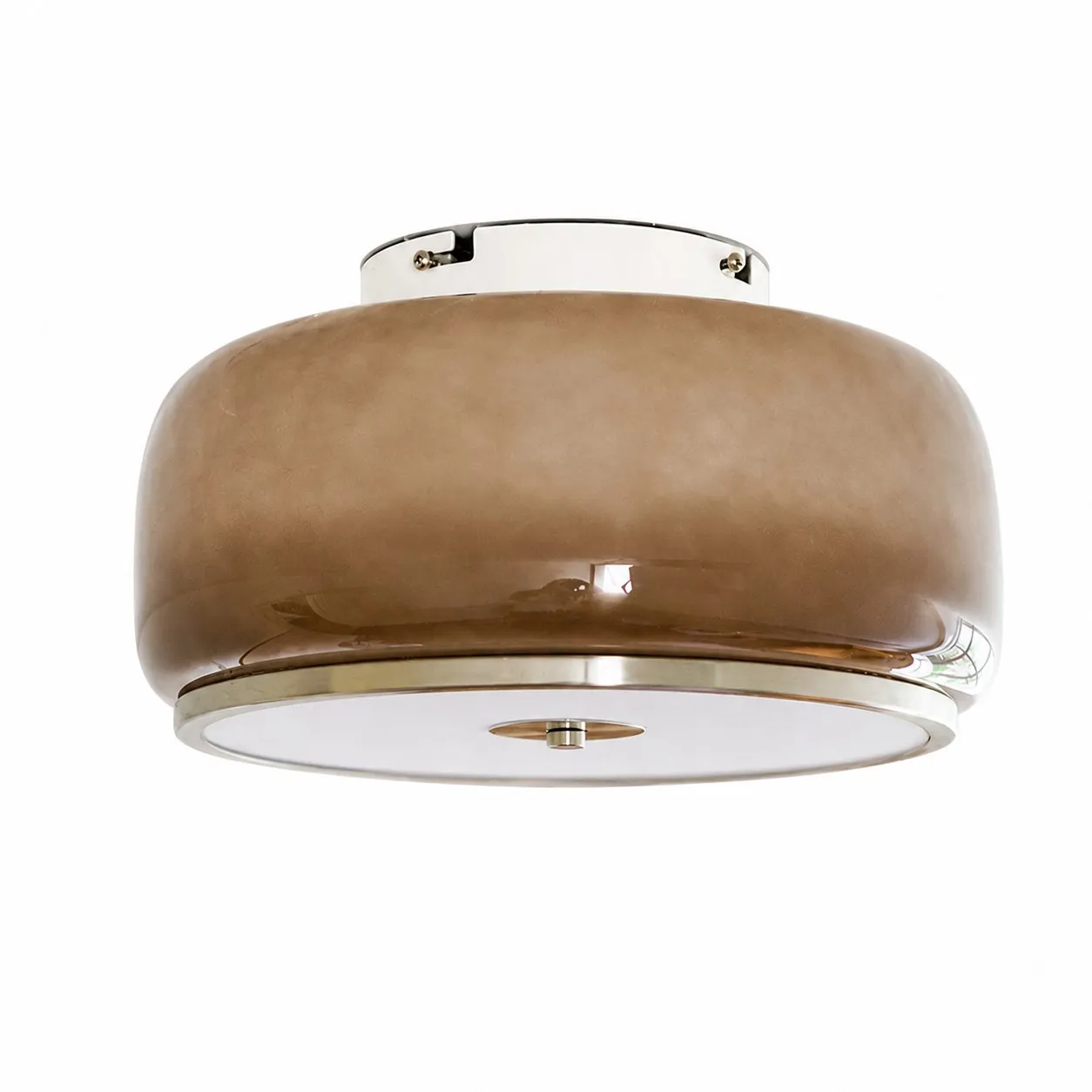 Amber brown glass Bauhaus flush-mount ceiling light on white background
