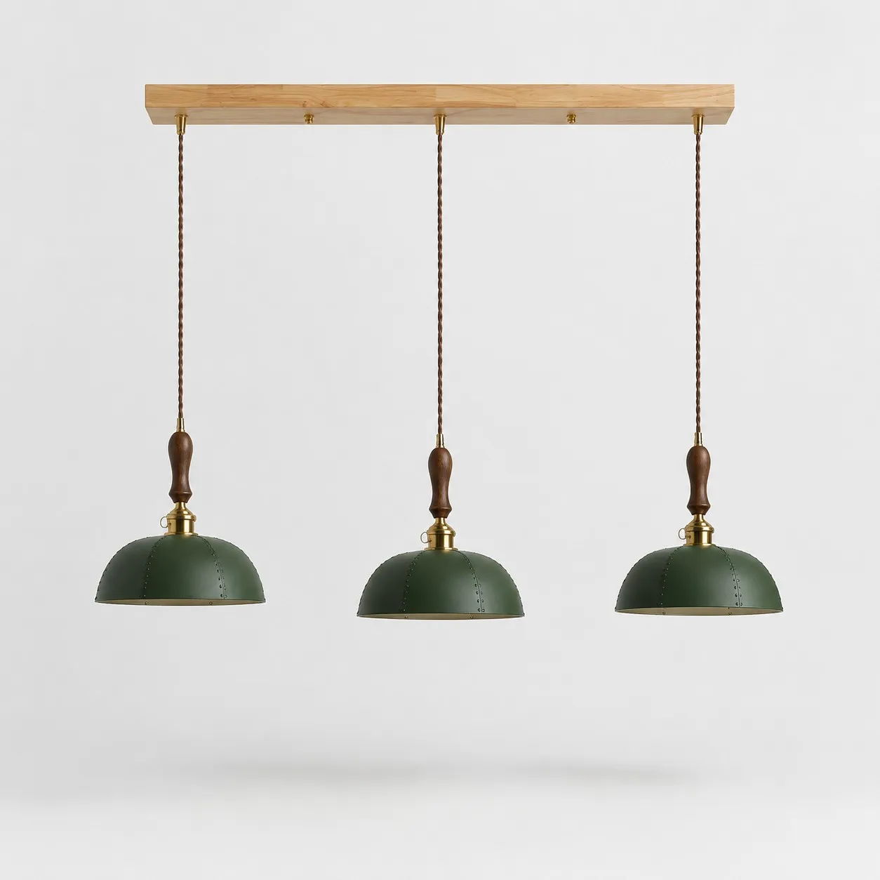 Deep green three-light leather bar pendant without crystal drops