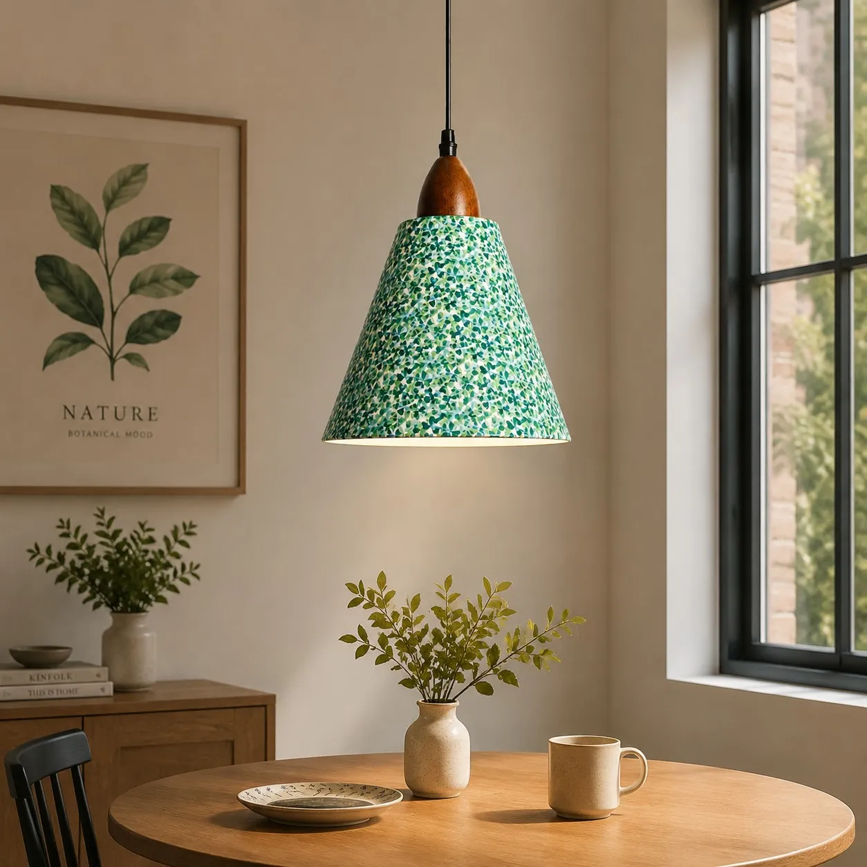 Clover floral pendant above round wood dining table by black framed window