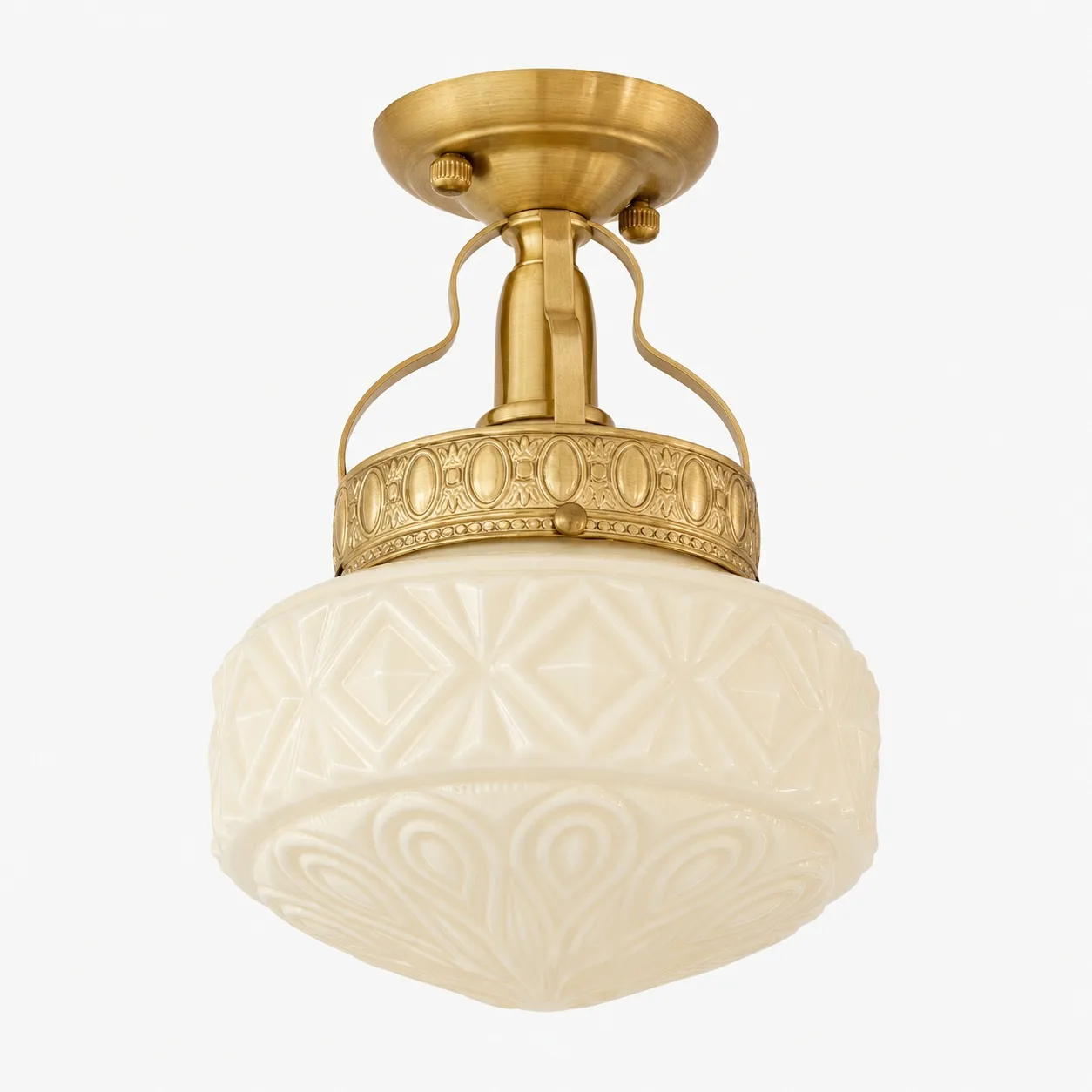 Beige embossed glass Art Deco ceiling light with brass finish