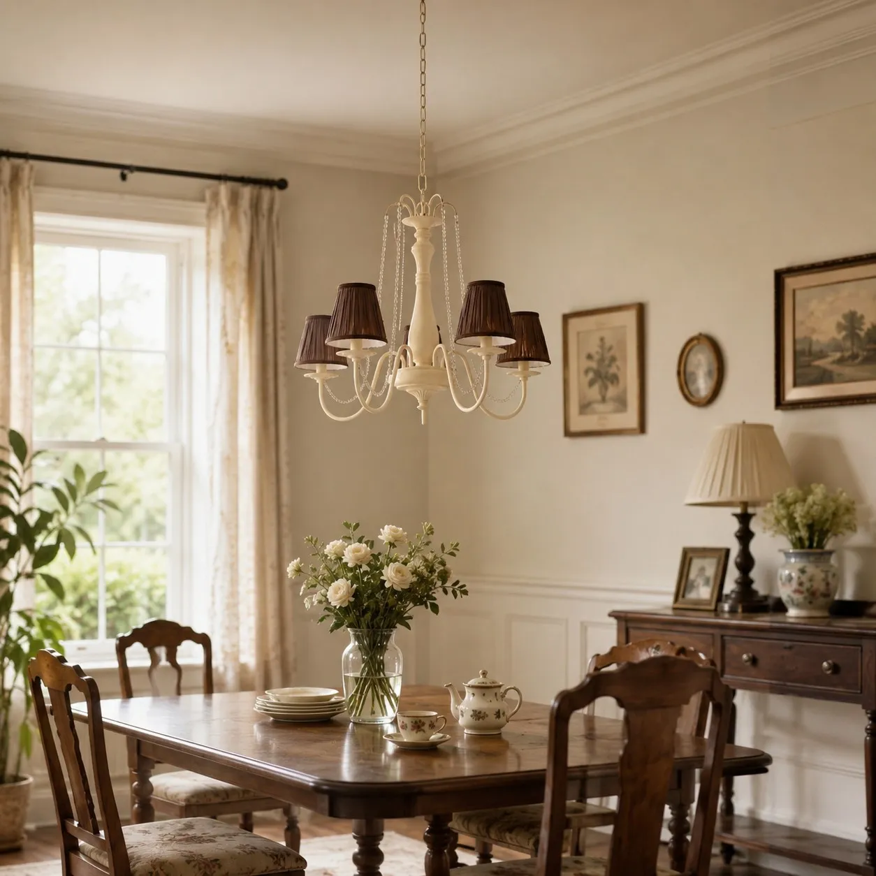 Cream and brown chandelier hanging above a rectangular dining table