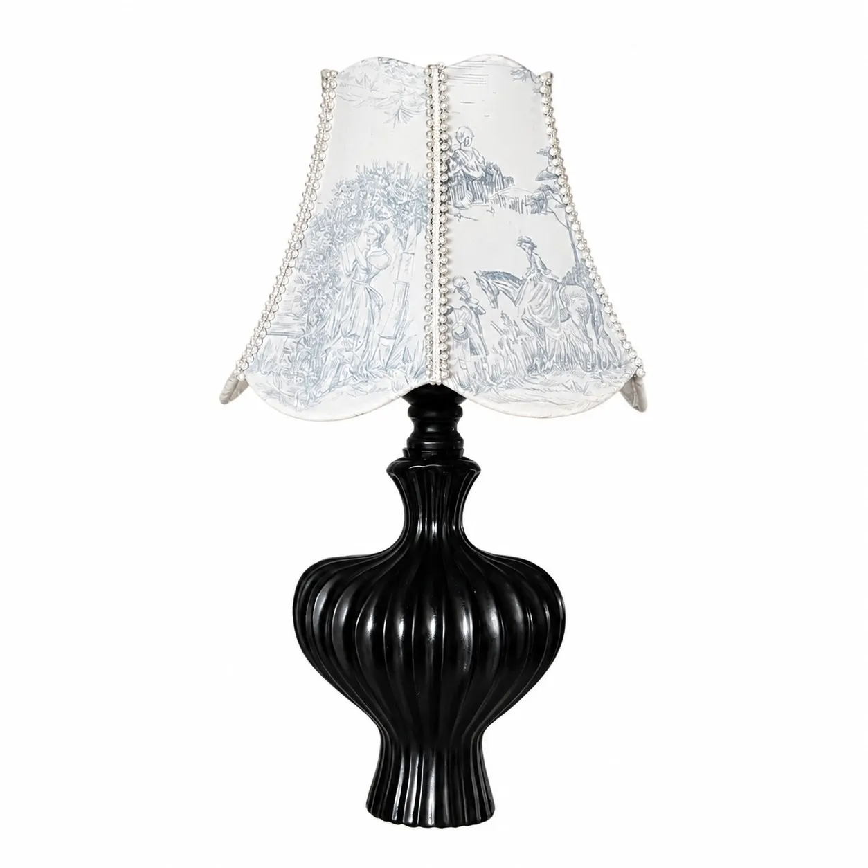 French vintage table lamp with printed fabric shade and black base