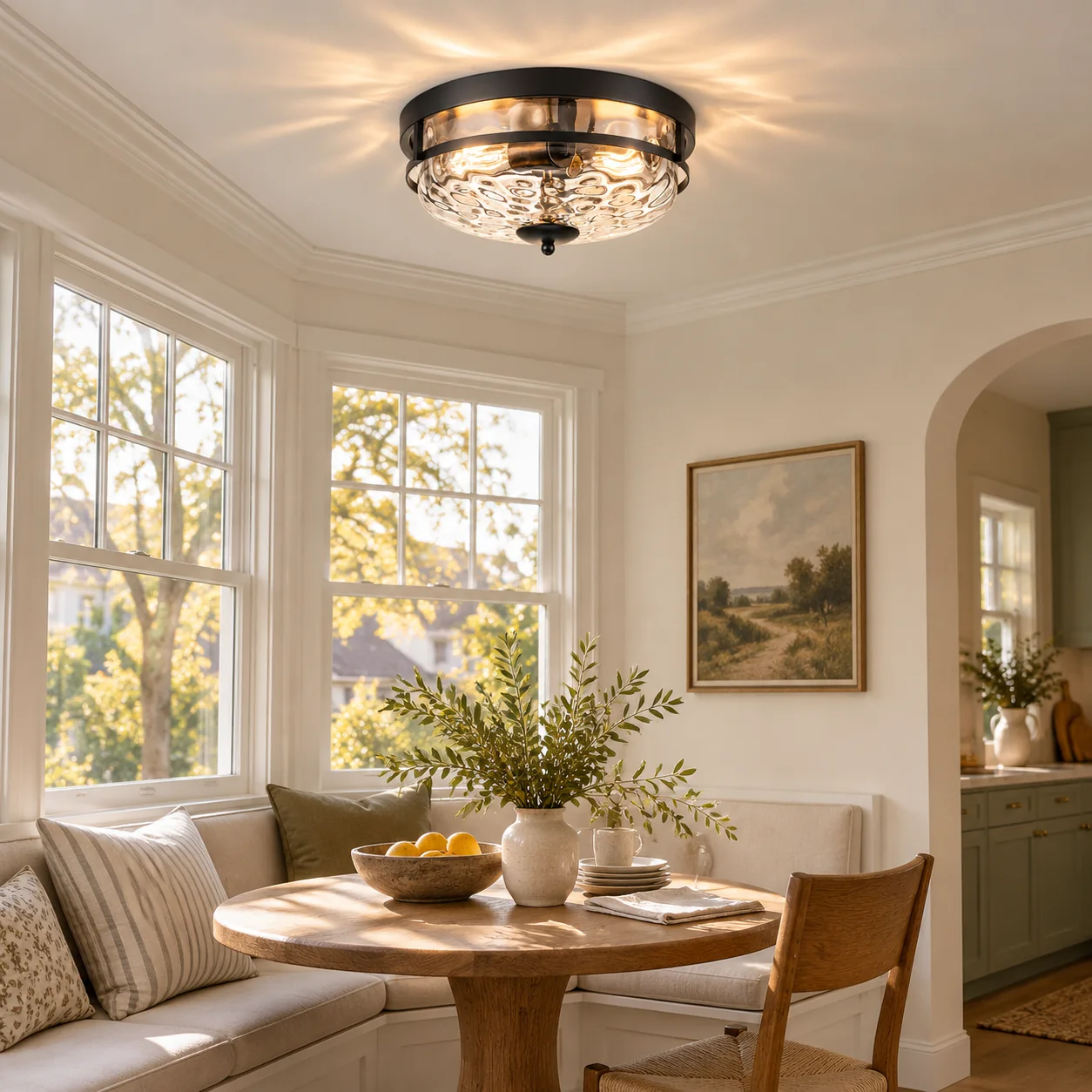 Two E26 Sockets: Rippled Clear-Glass Flush Ceiling Light — A layered perspective - New2609-1024587 interior scene