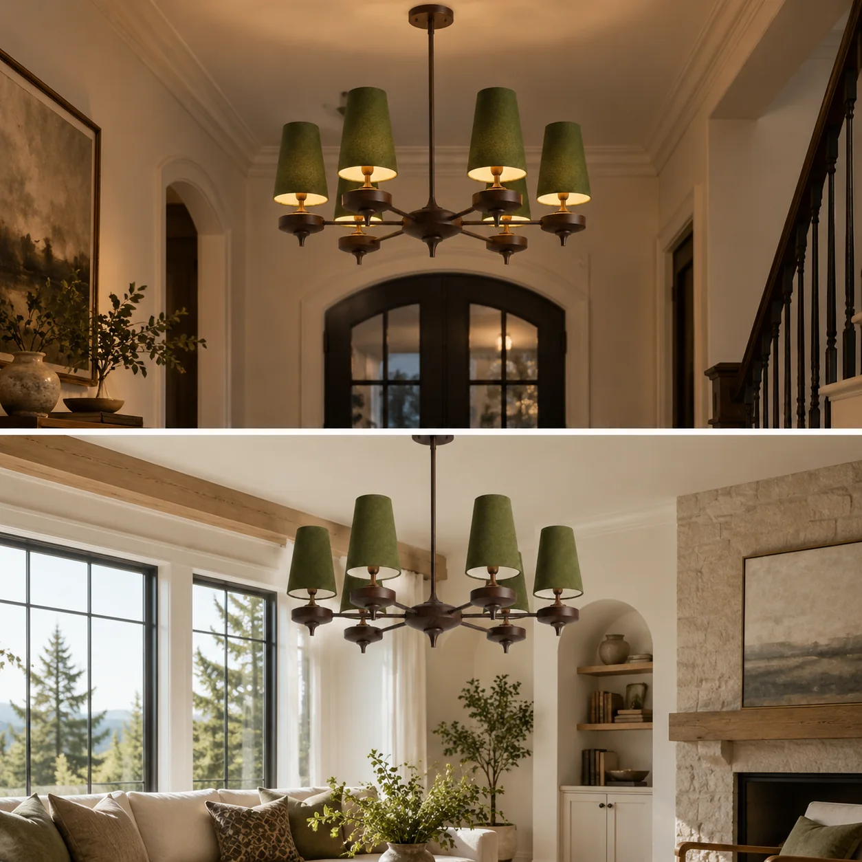 Hour Rho Walnut-Toned Wood | and Velvet Radial Chandelier — A layered perspective - New2609-1024560 interior scene