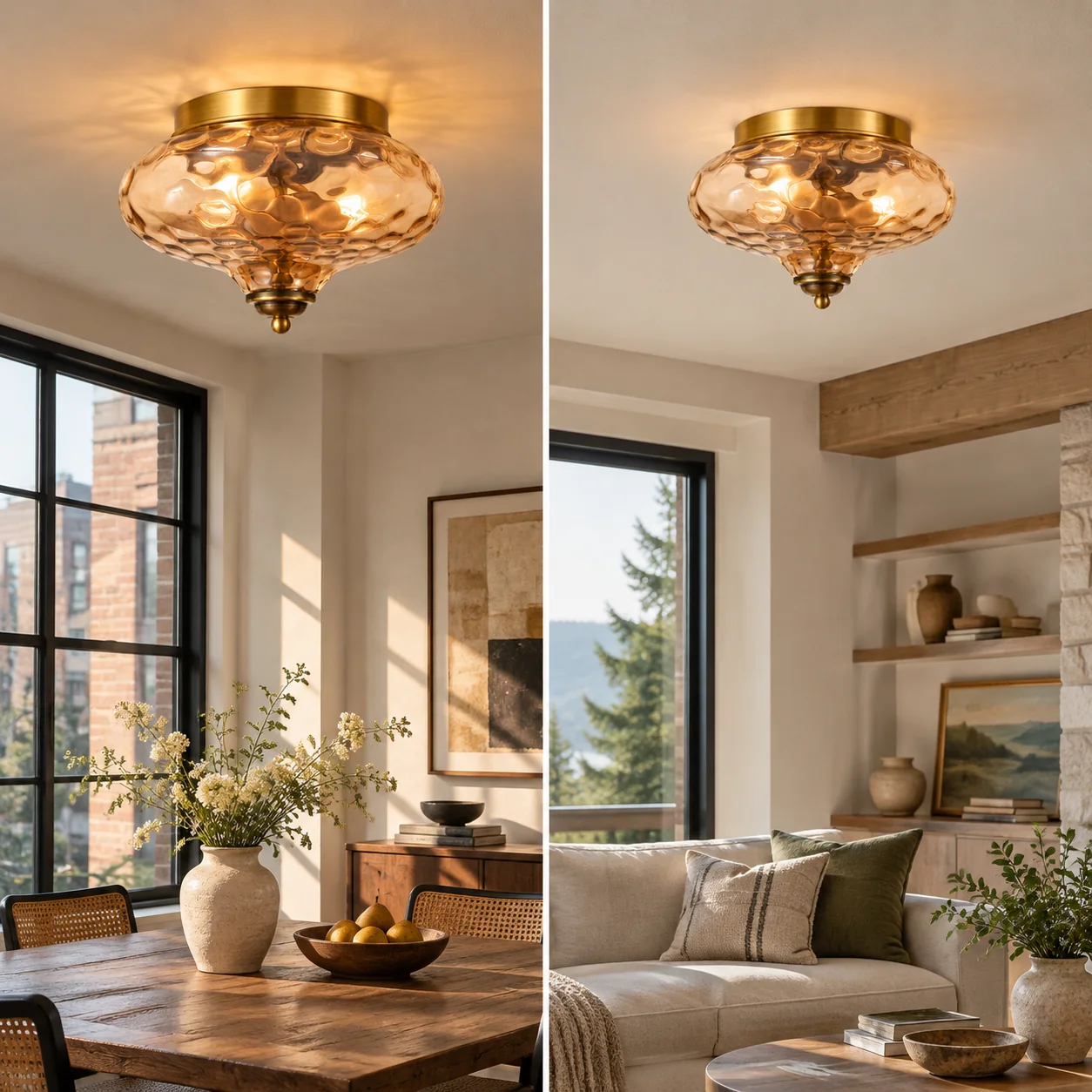 Low Ceilings | Two-Light Hammered Glass Ceiling Fixture — A layered perspective - New2609-1024577 interior scene