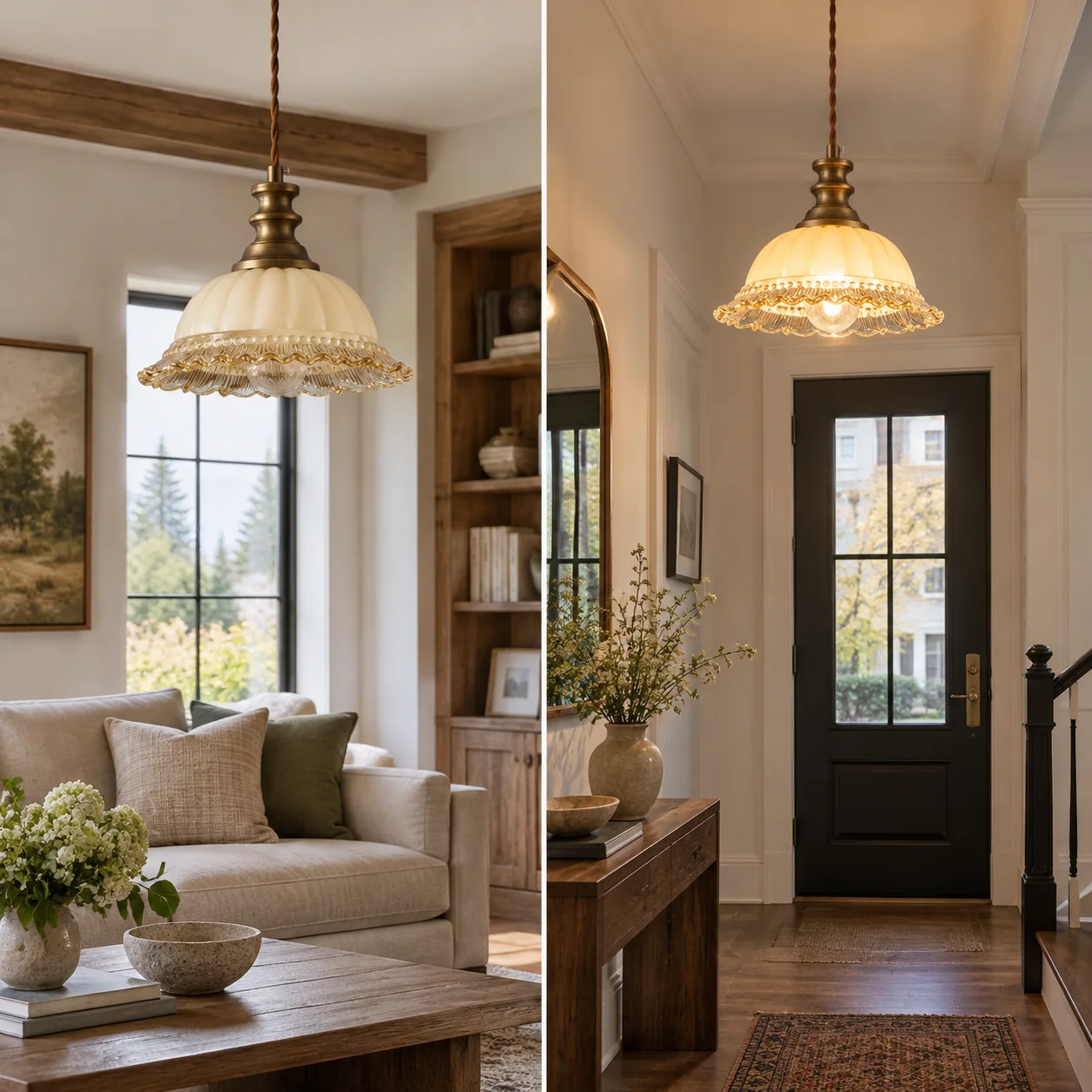 Vintage Fluted Glass Pendant Light — Scalloped Shade, Brass - New2609-1024448 interior scene