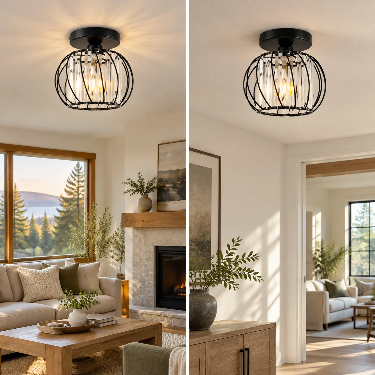 Geometric Cage Semi-Flush Crystal Ceiling Light — Clear Panels — A layered perspective - New2609-1024522 interior scene