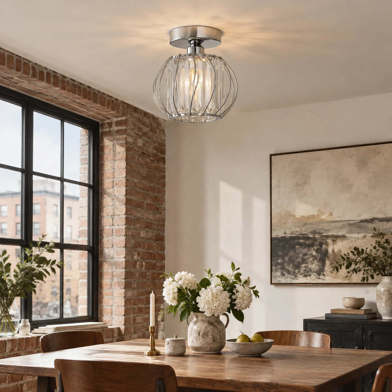 Geometric Cage Semi-Flush Crystal Ceiling Light — Clear Panels — A layered perspective - New2609-1024519 interior scene