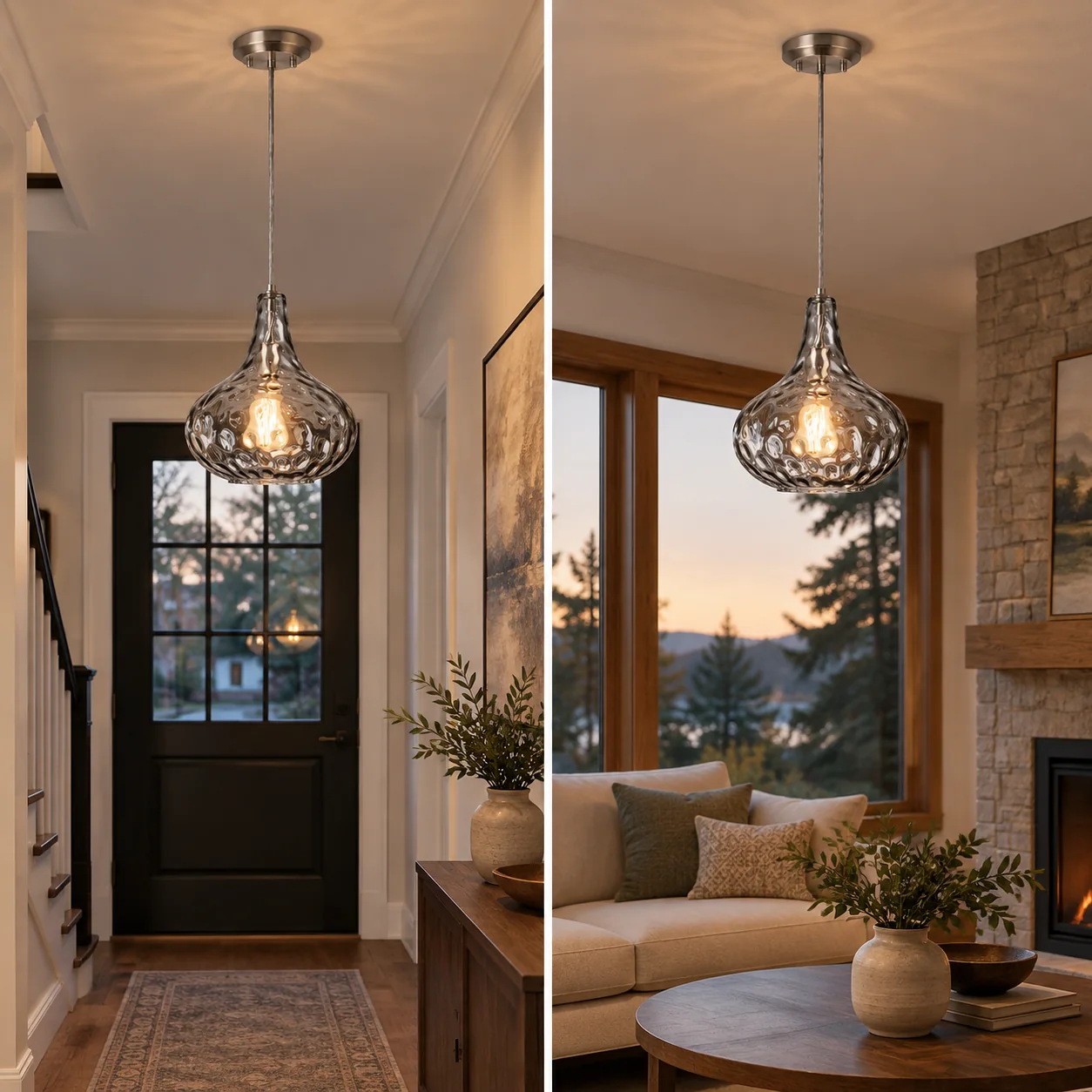 11 inch / 28 cm Vintage Textured Glass Pendant Light | Adjustable Stem — A layered perspective - New2609-1024498 interior scene