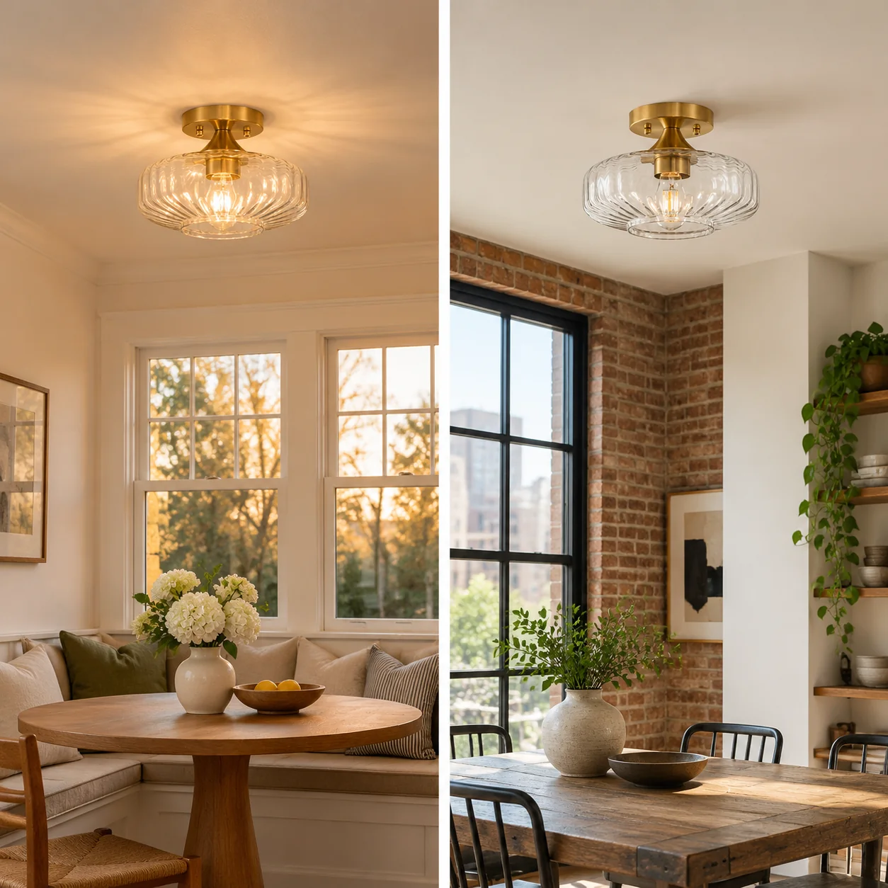 Elara Ribbed Glass Close-to-Ceiling Light | Brushed Brass — A layered perspective - New2609-1024555 interior scene
