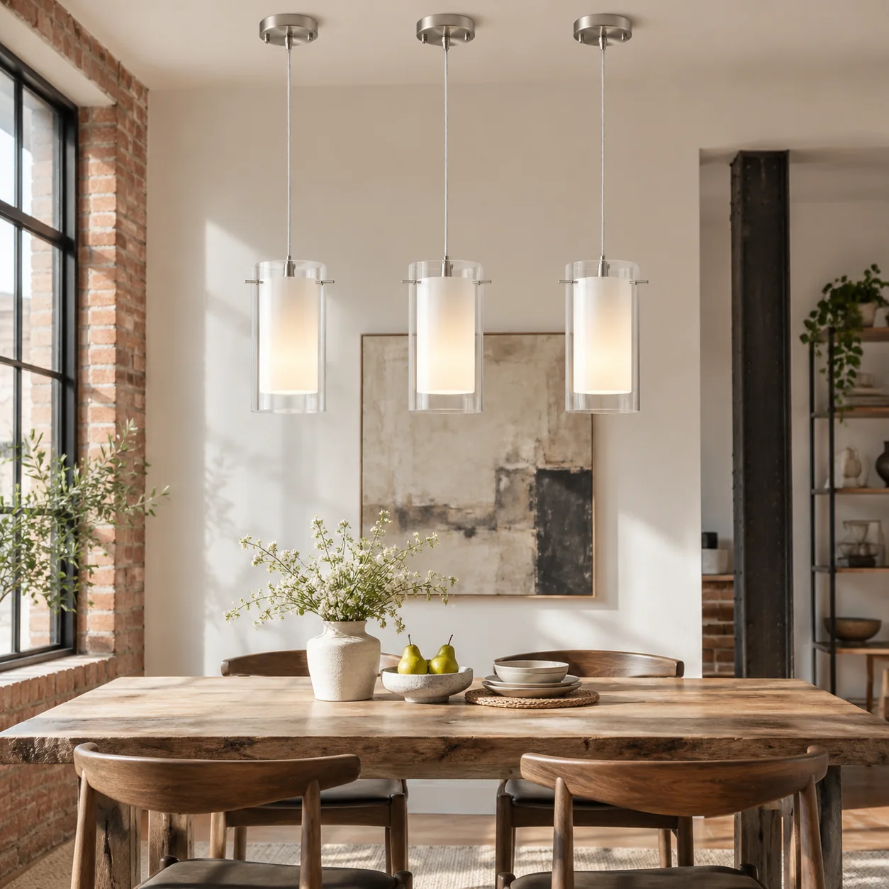 Chrome Finish, Clear and White Shades | Modern Double Glass Pendant Light — A layered perspectiv - New2609-1024584 interior scene