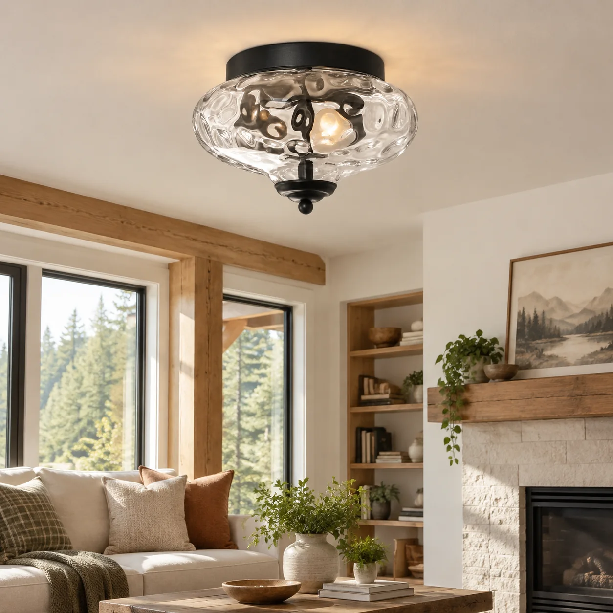Low Ceilings | Two-Light Hammered Glass Ceiling Fixture — A layered perspective - New2609-1024581 interior scene