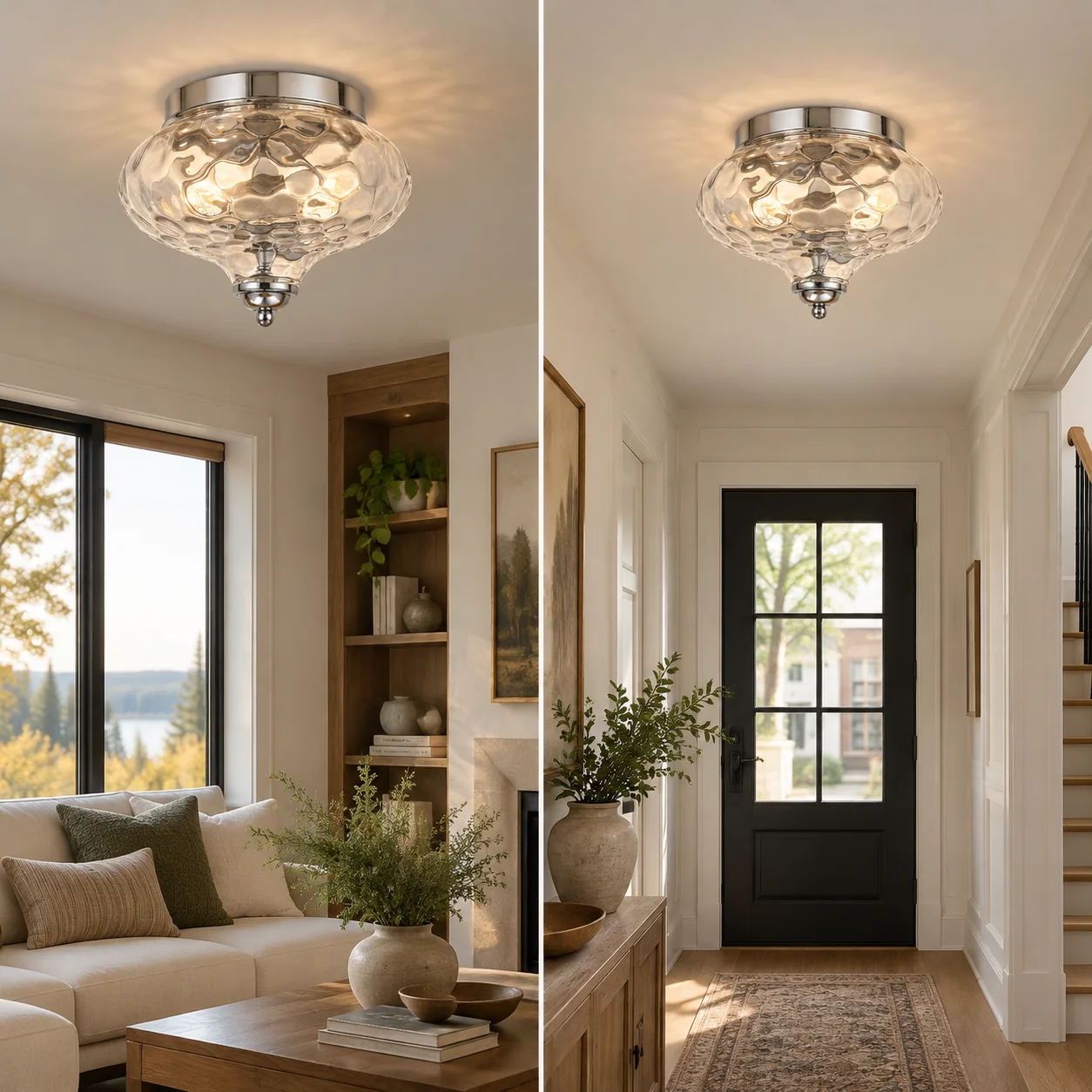 Low Ceilings | Two-Light Hammered Glass Ceiling Fixture — A layered perspective - New2609-1024580 interior scene