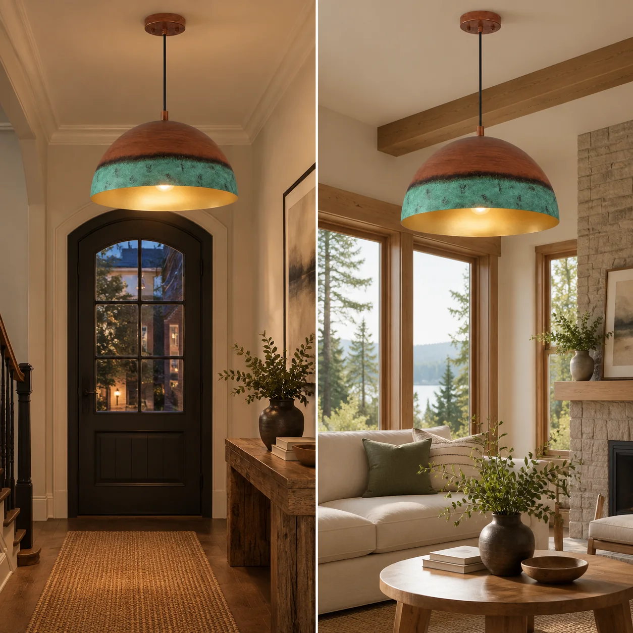 Textured Copper Patina Iron Dome Pendant Light — Gold Interior — A layered perspective - New2609-1024556 interior scene
