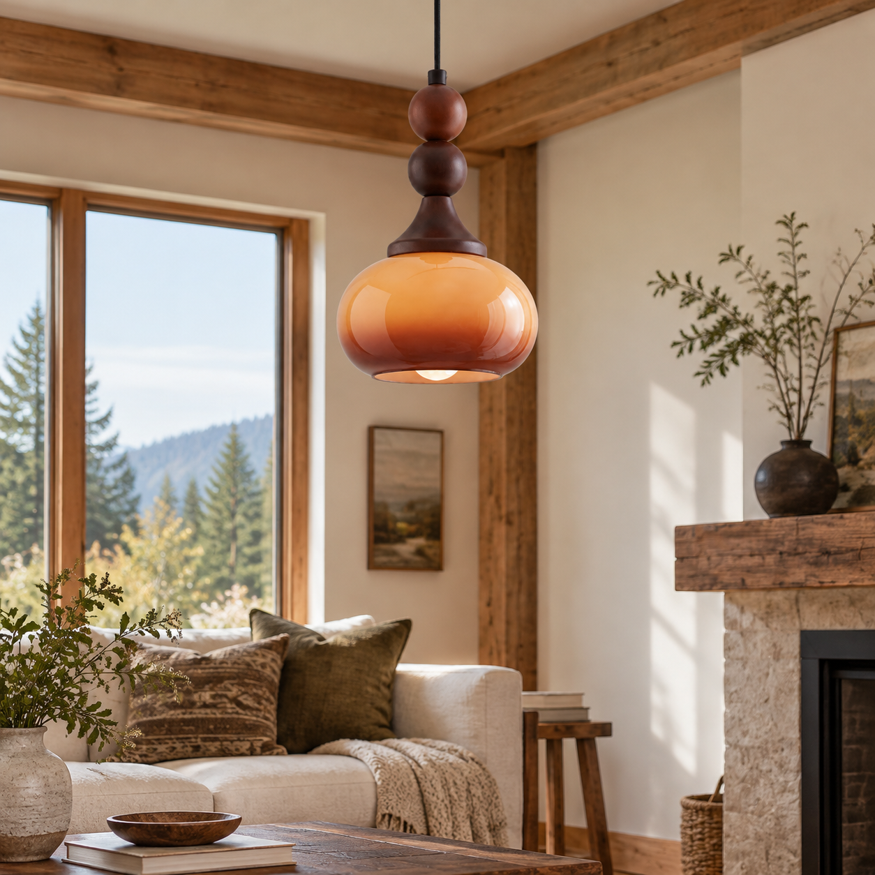Shaped Glass Pendant — Turned Rubberwood Accents in Brown or Cream — A layered perspective - New2609-1024583 interior scene