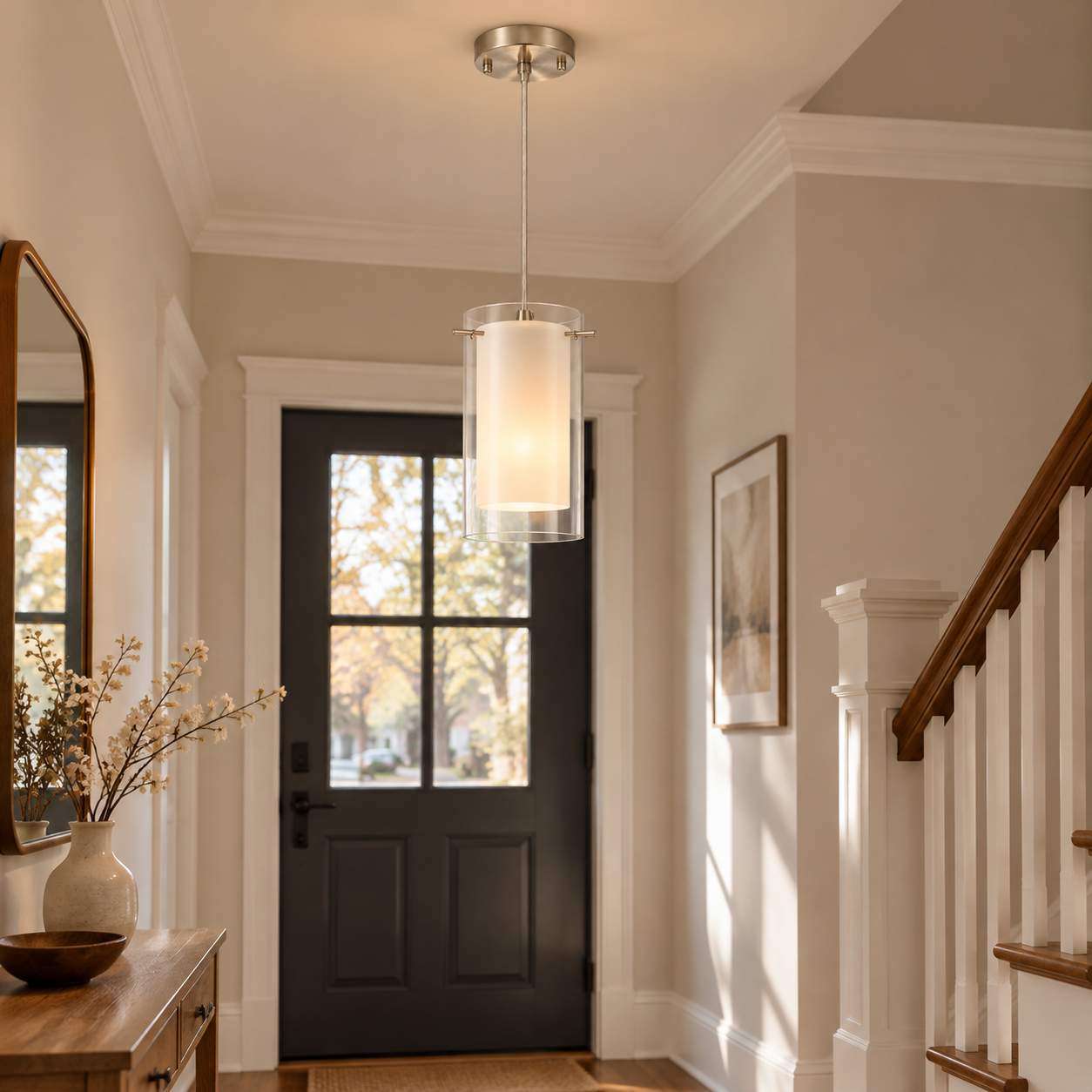 Chrome Finish, Clear and White Shades | Modern Double Glass Pendant Light — A layered perspectiv - New2609-1024586 interior scene