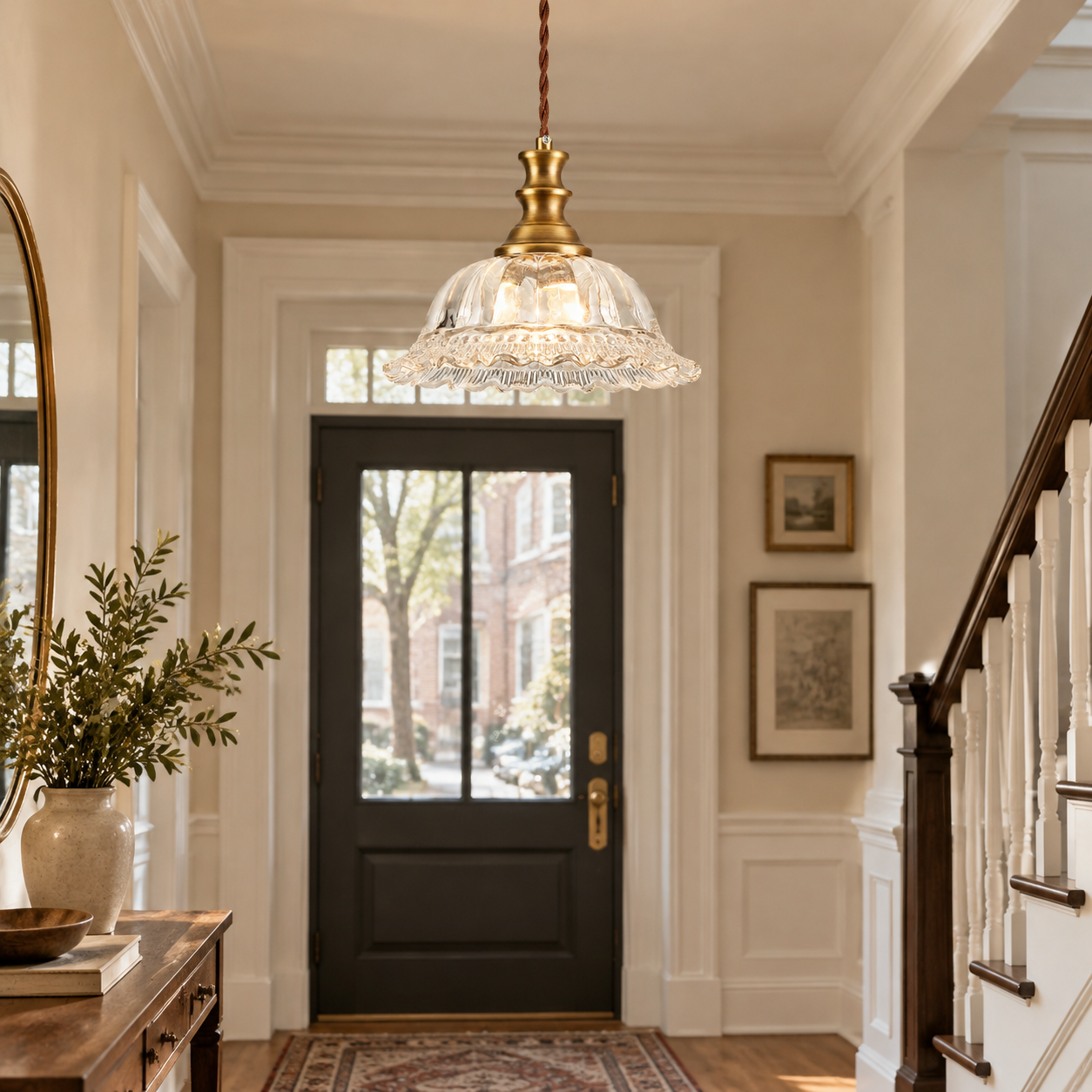 Vintage Fluted Glass Pendant Light — Scalloped Shade, Brass - New2609-1024449 interior scene