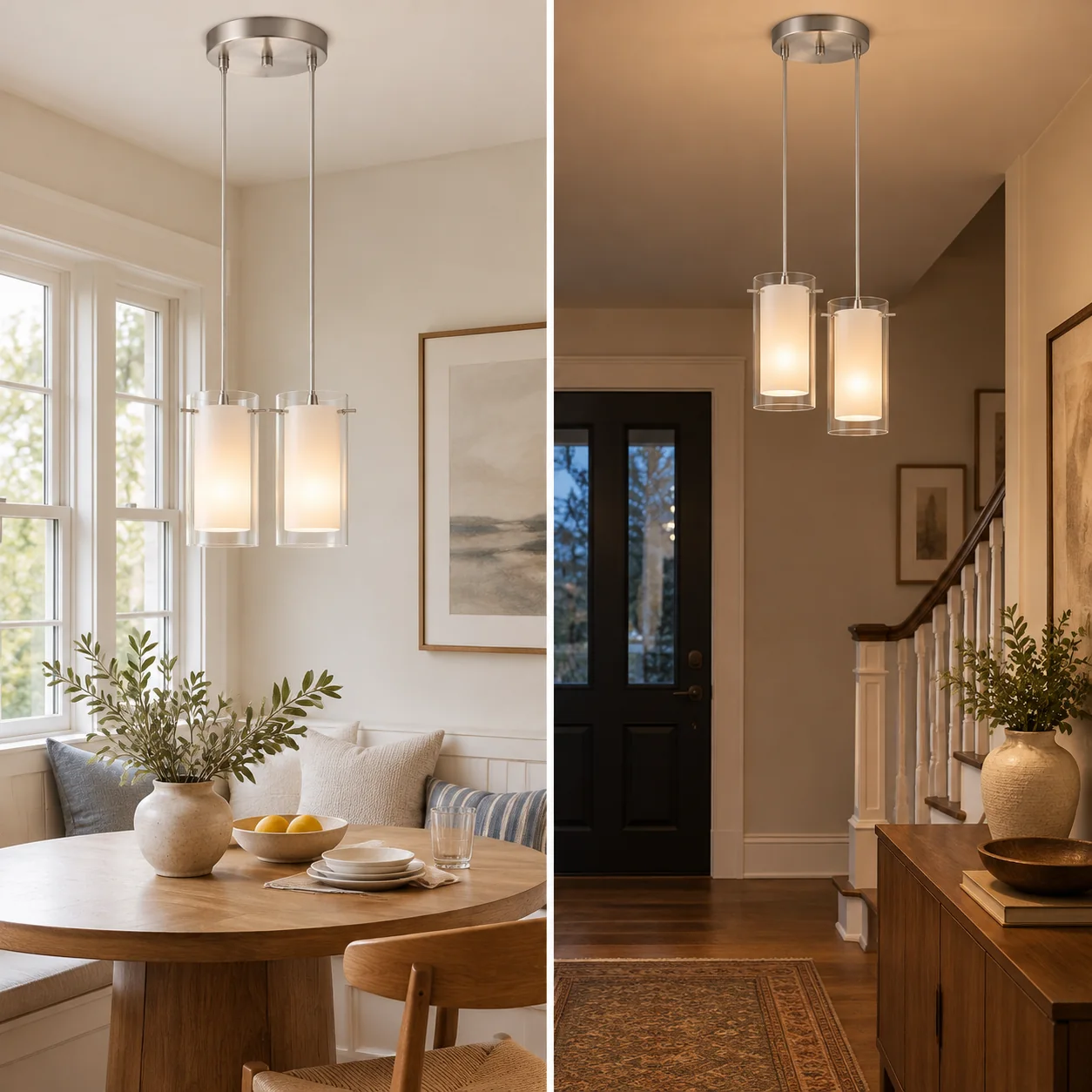 Chrome Finish, Clear and White Shades | Modern Double Glass Pendant Light — A layered perspectiv - New2609-1024585 interior scene