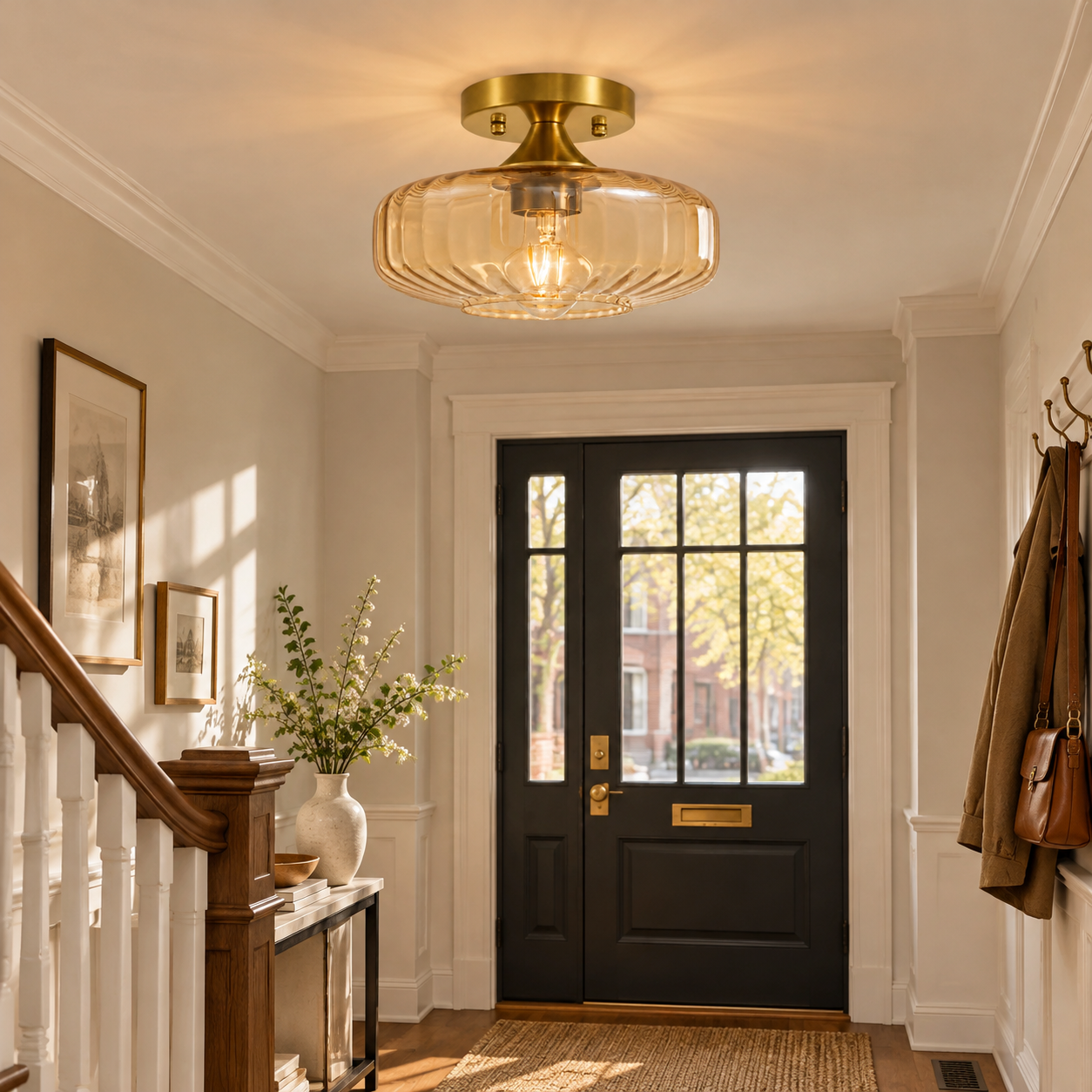 Elara Ribbed Glass Close-to-Ceiling Light | Brushed Brass — A layered perspective - New2609-1024554 interior scene